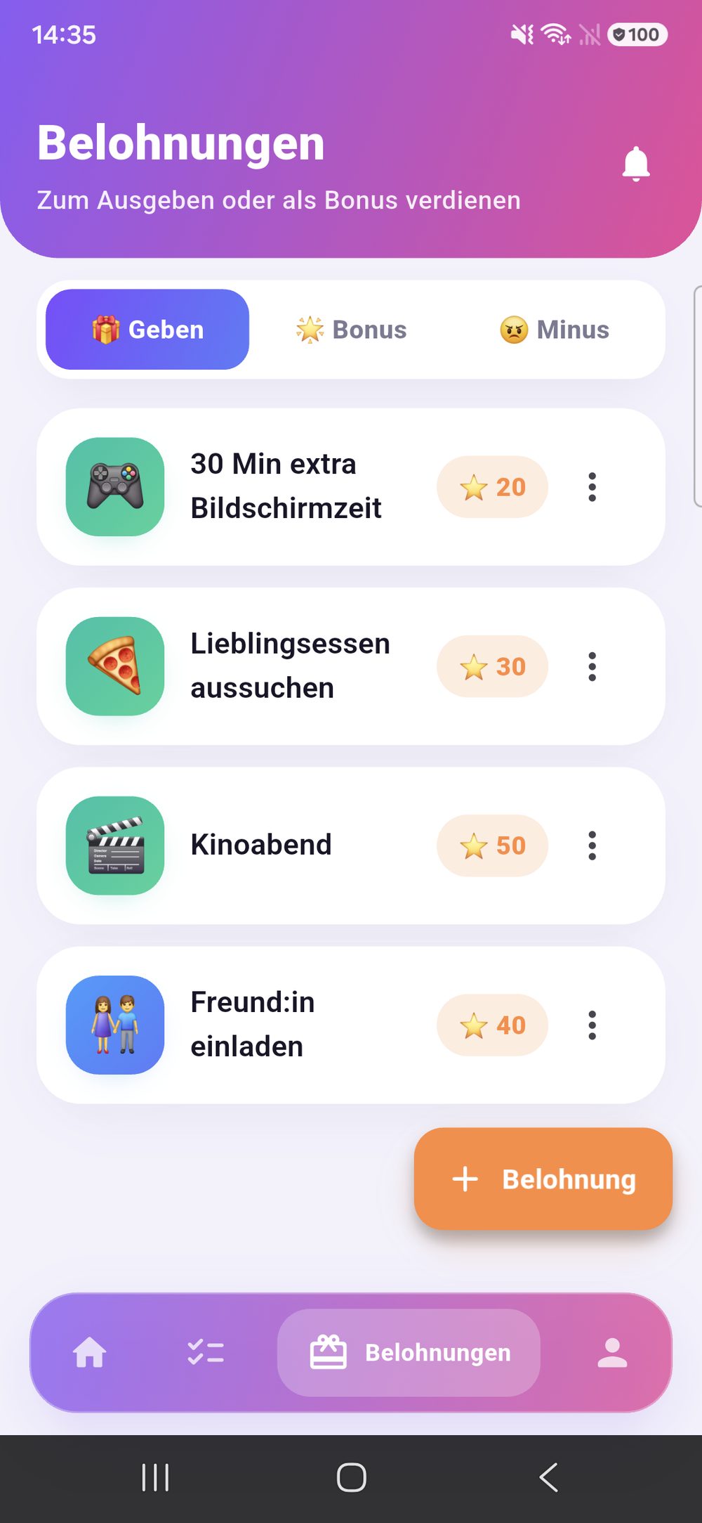Zenz family: Belohnungen mit Punktwerten, umschaltbar zwischen Geben, Bonus und Minus.