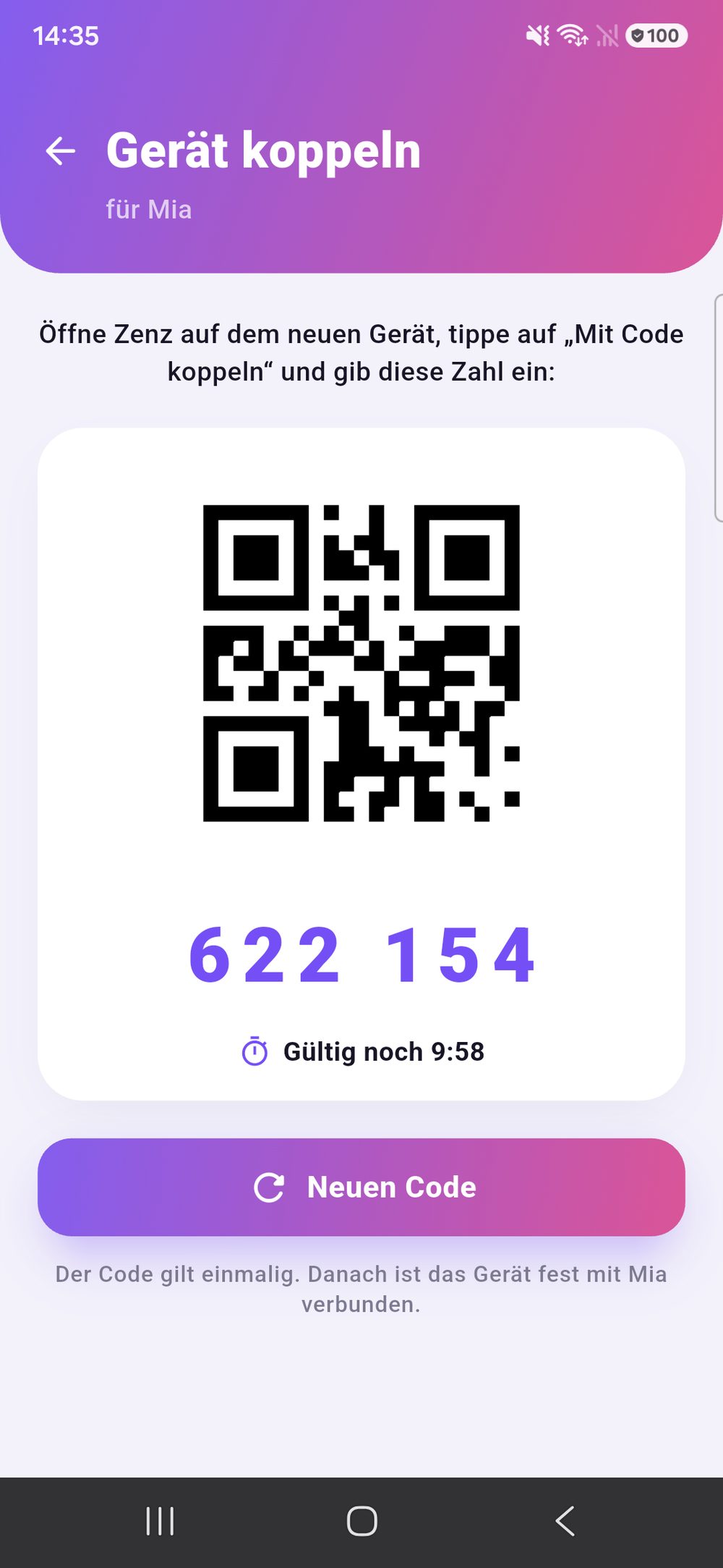 Zenz family: Gerät koppeln — QR-Code und sechsstelliger Zahlencode mit Ablaufzeit, mit dem ein Kindergerät einmalig verbunden wird.