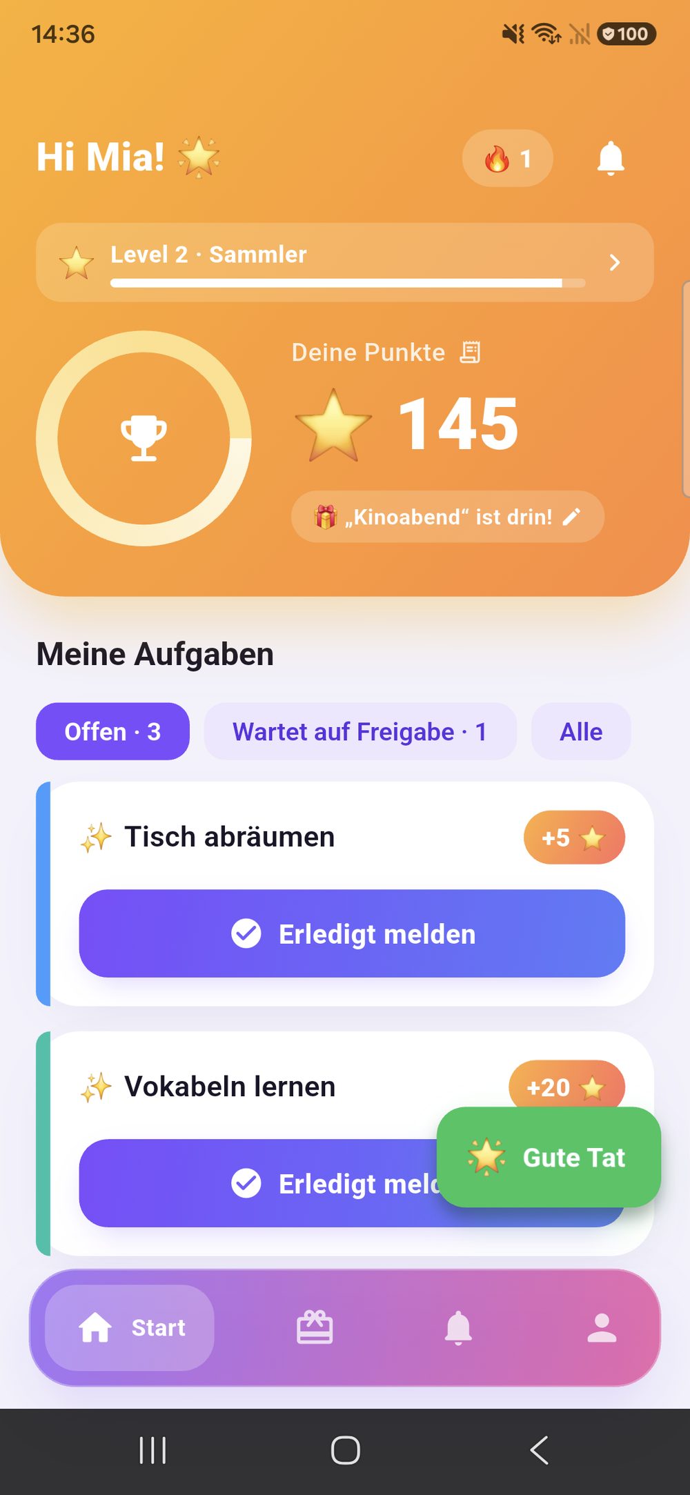 Zenz family aus Sicht des Kindes: Begrüßung mit Punktestand, Level und erreichtem Sparziel, darunter die offenen Aufgaben mit dem Knopf „Erledigt melden“.