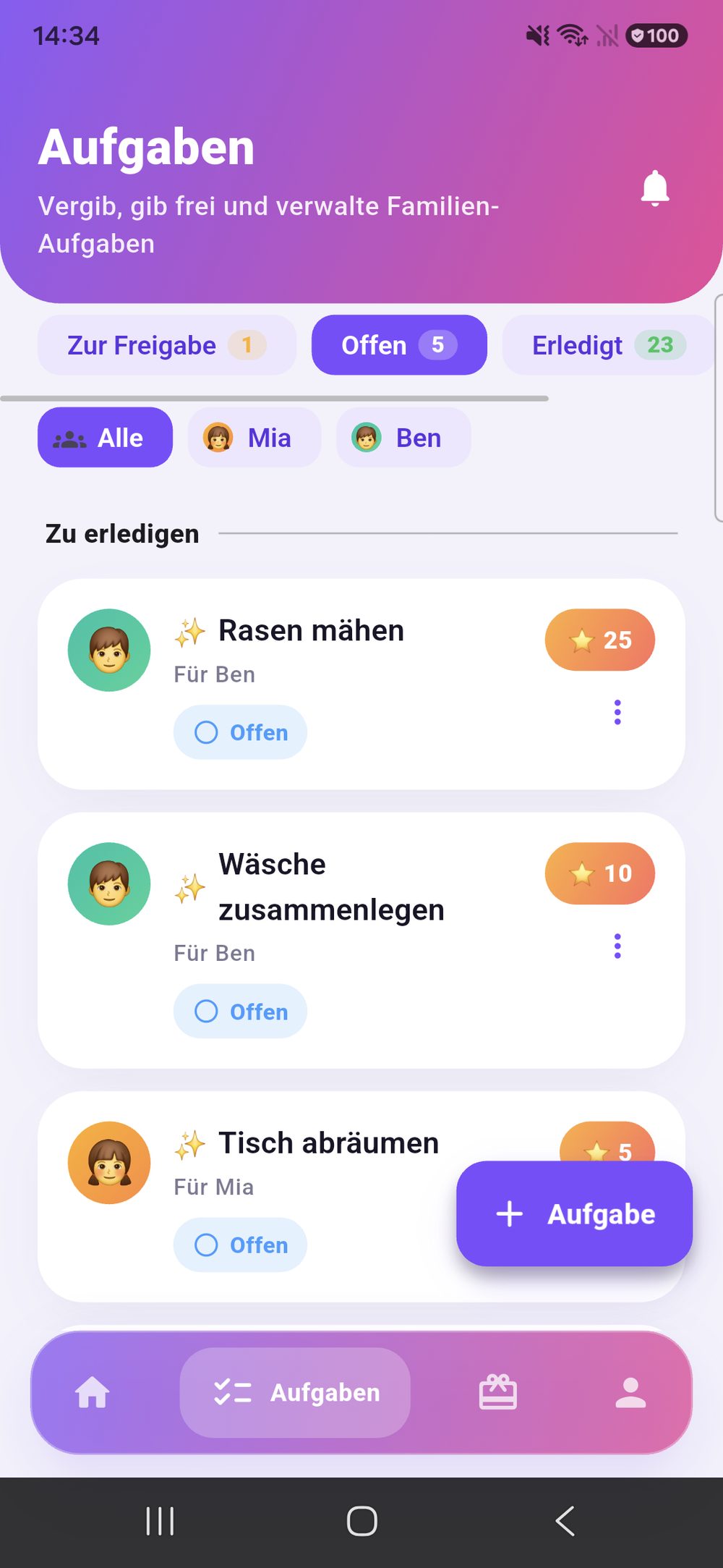 Zenz family: Aufgabenliste mit den Registern Zur Freigabe, Offen und Erledigt sowie Filtern je Kind.