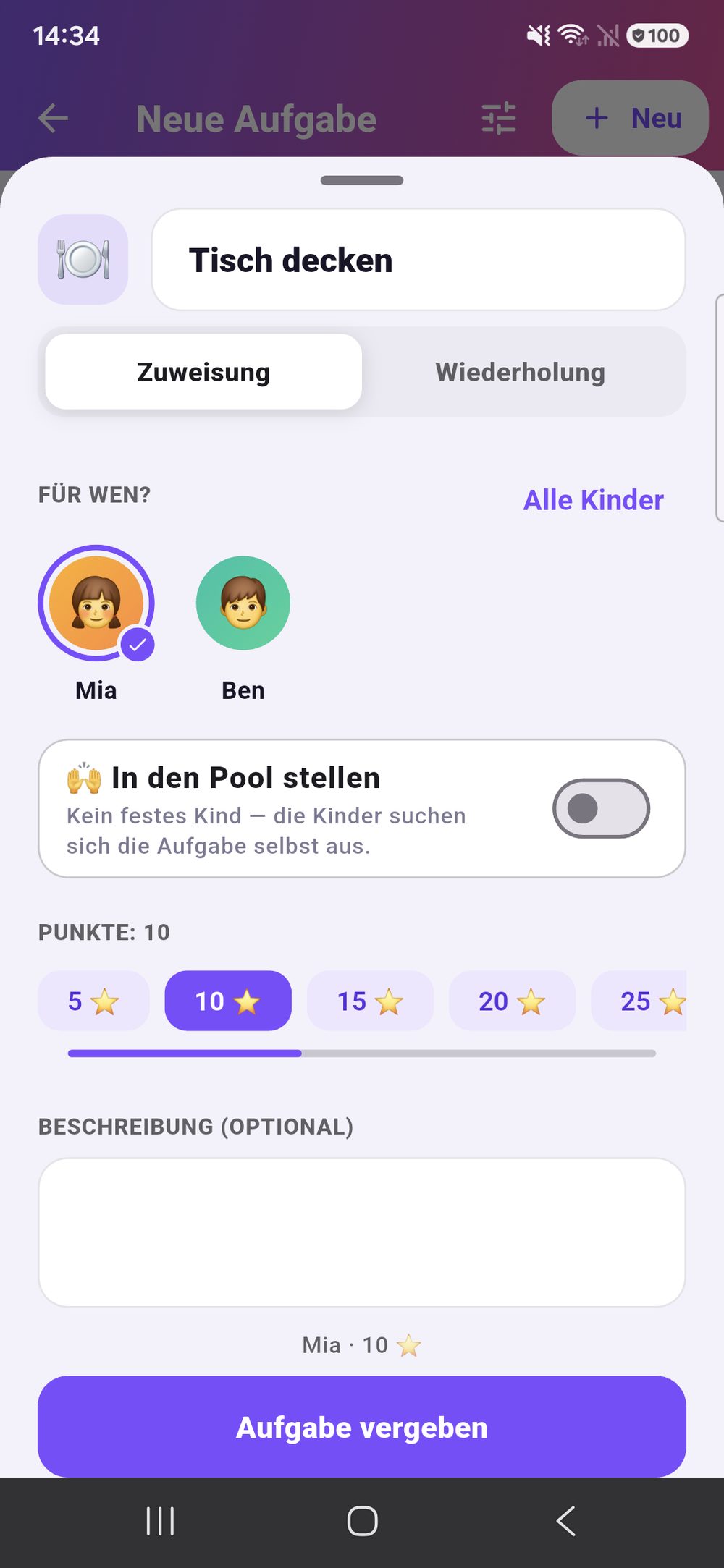 Zenz family: neue Aufgabe anlegen — Kategorie, Auswahl der Kinder, Punkte über einen Schieber, Wiederholung und ein optionales Fälligkeitsdatum.