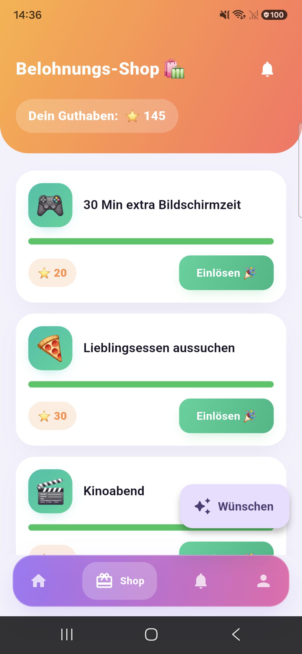 Zenz family: der Belohnungs-Shop aus Sicht des Kindes — das eigene Guthaben oben, darunter jede Belohnung mit ihrem Punktpreis und dem Knopf „Einlösen“.