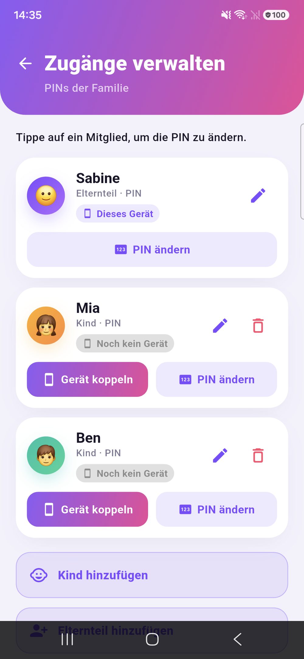 Zenz family: Zugänge verwalten — jedes Familienmitglied mit eigener PIN, dazu Gerät koppeln und weitere Kinder oder Eltern hinzufügen.