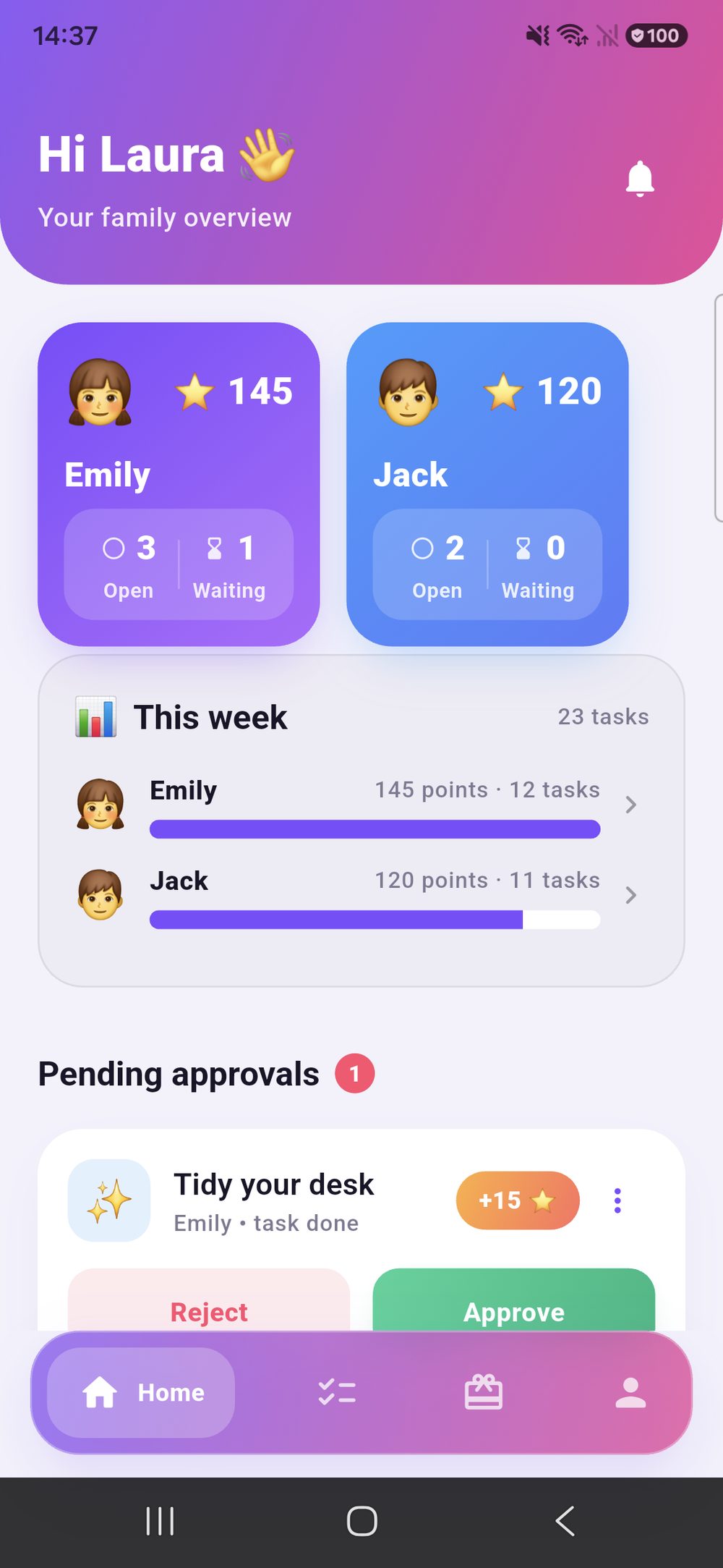 Zenz family: family overview with a tile per child, the weekly figures and one chore waiting for approval.