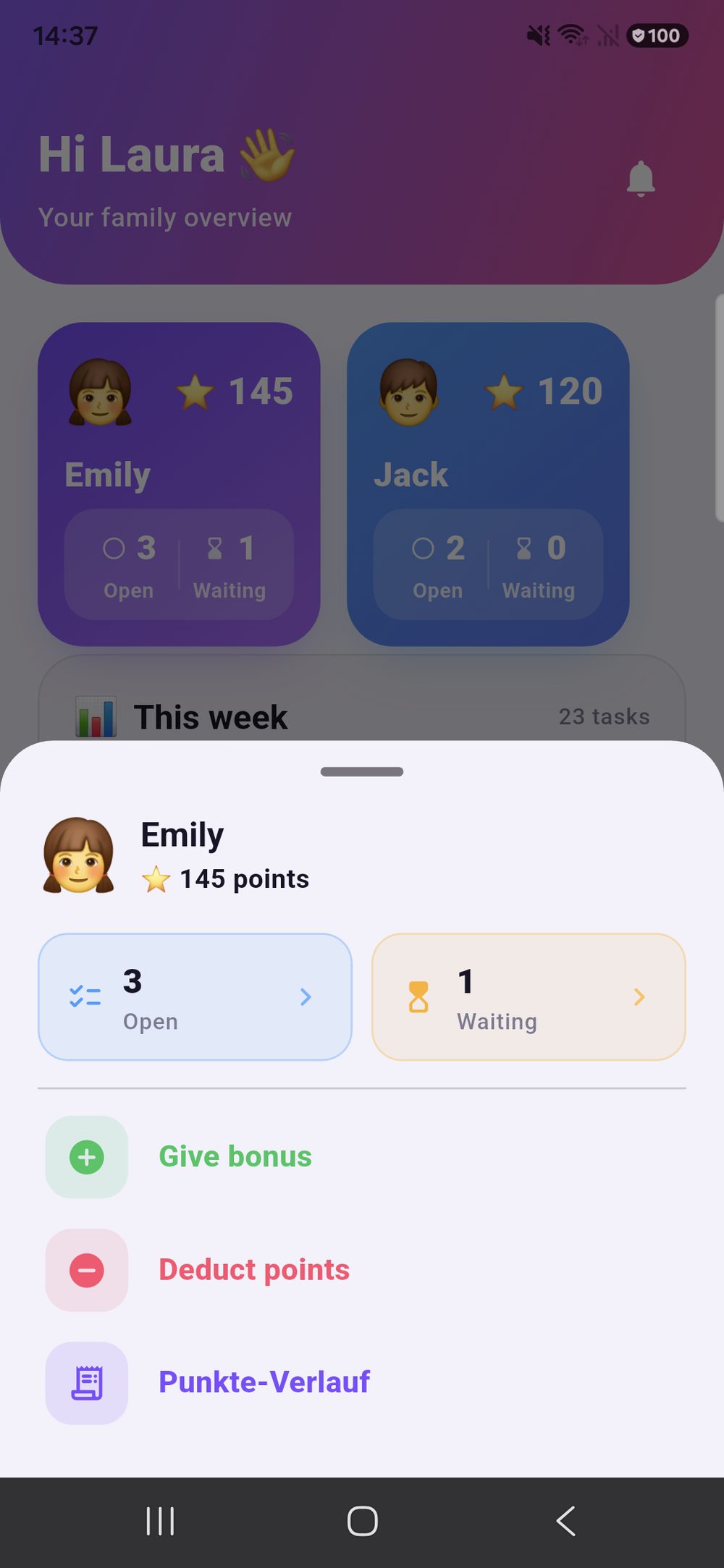 Zenz family: a child’s tile has been tapped on the family overview — a sheet shows the points, the open and waiting chores and the buttons “Give a bonus” and “Deduct points”.