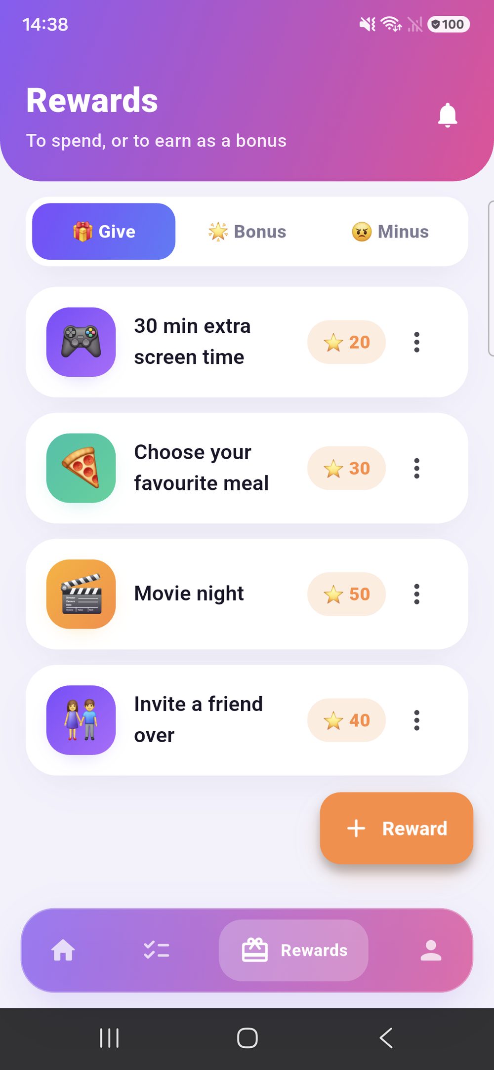 Zenz family: rewards with point values, switchable between Give, Bonus and Penalty.