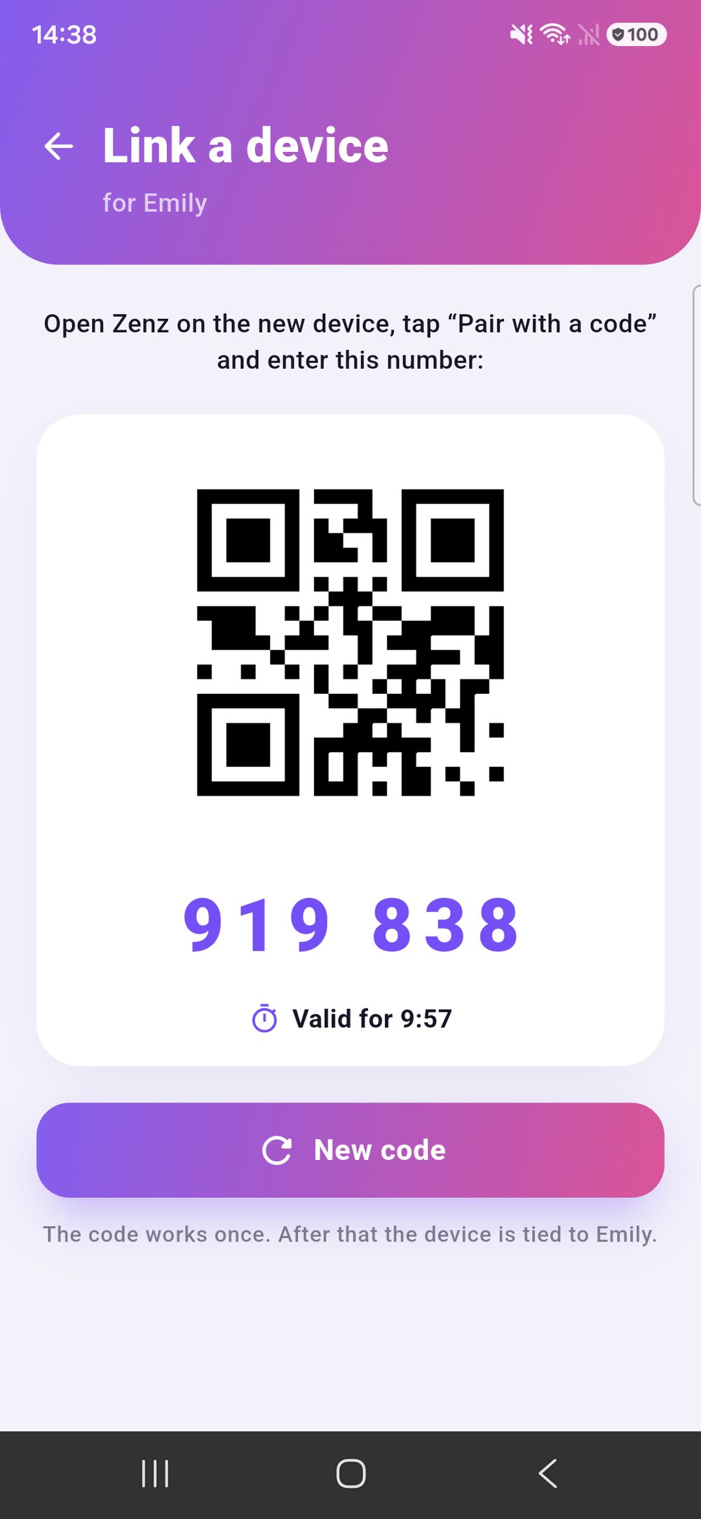 Zenz family: pair a device — QR code and a six-digit number code with a countdown, used once to connect a child’s device.