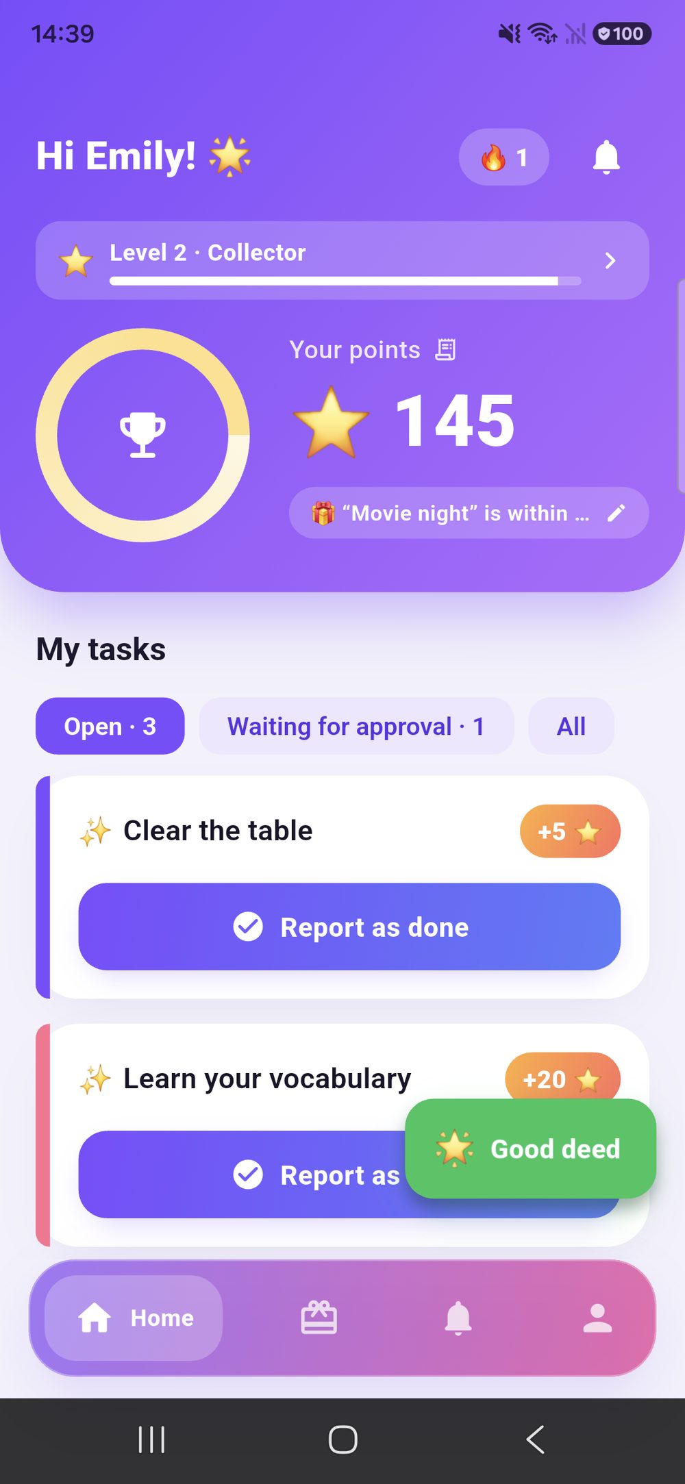Zenz family from the child’s side: a greeting with the point total, the level and the savings goal reached, and below it the open chores with the “Mark as done” button.