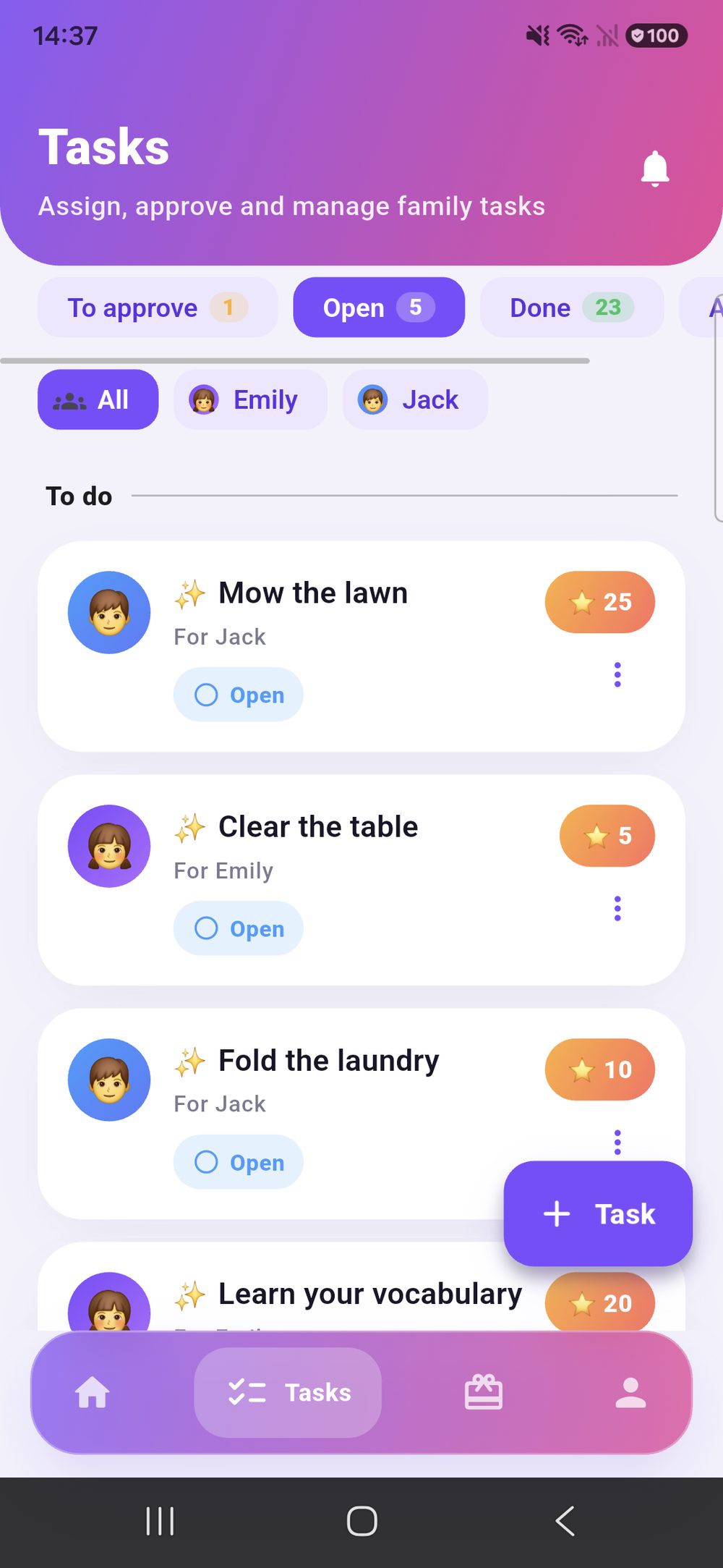 Zenz family: chore list with the tabs For approval, Open and Done plus filters per child.