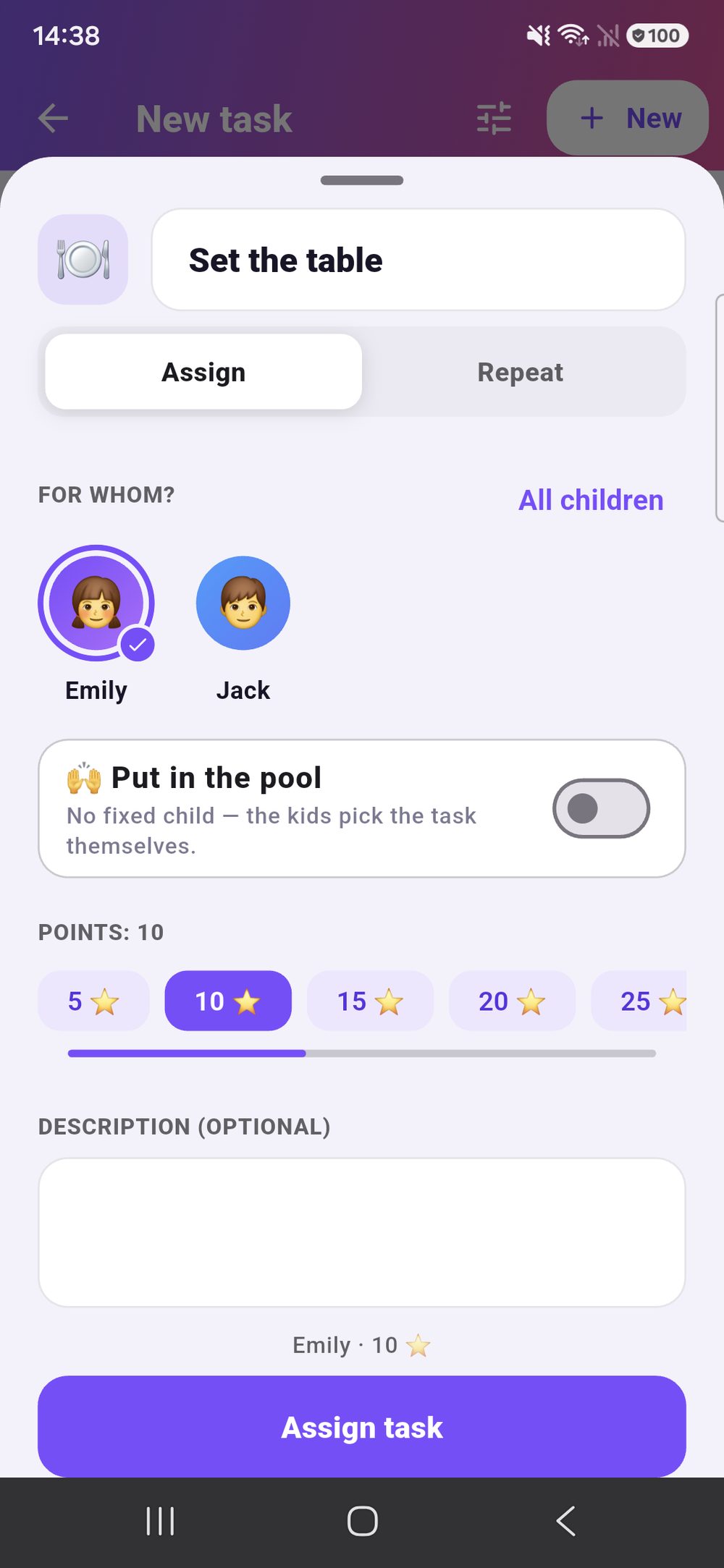 Zenz family: creating a new chore — category, the children it is for, points on a slider, repetition and an optional due date.