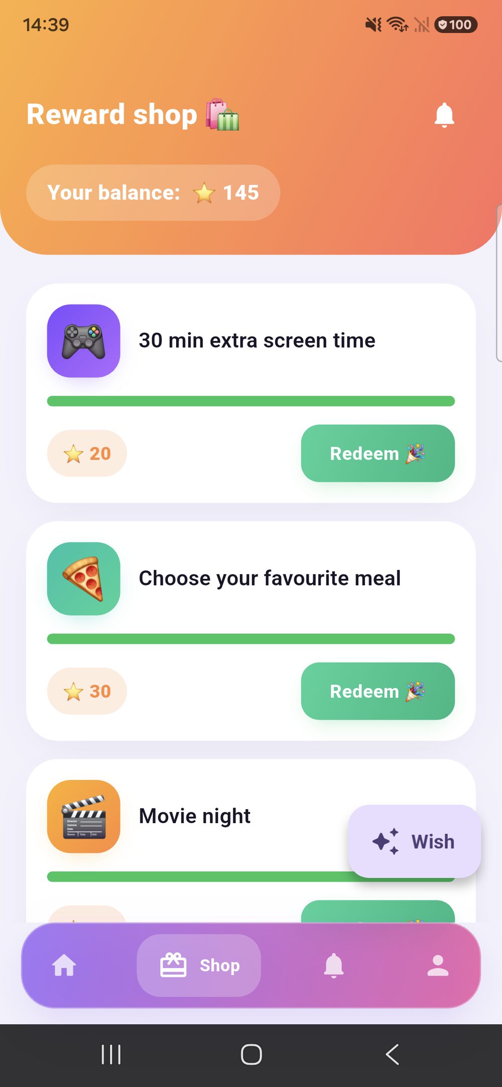 Zenz family: the reward shop from the child’s side — their own balance at the top, and below it every reward with its price in points and a “Redeem” button.