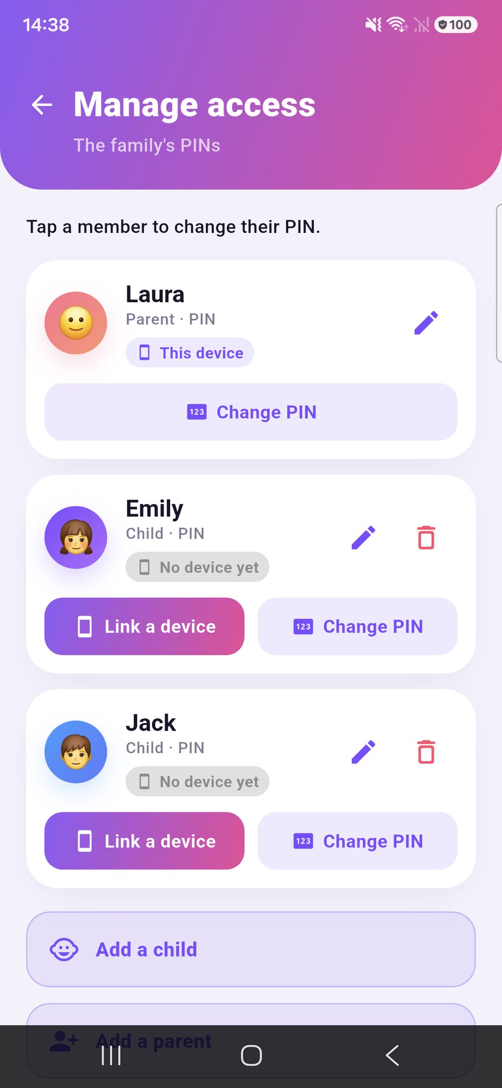 Zenz family: manage access — every family member with their own PIN, plus pairing a device and adding more children or parents.