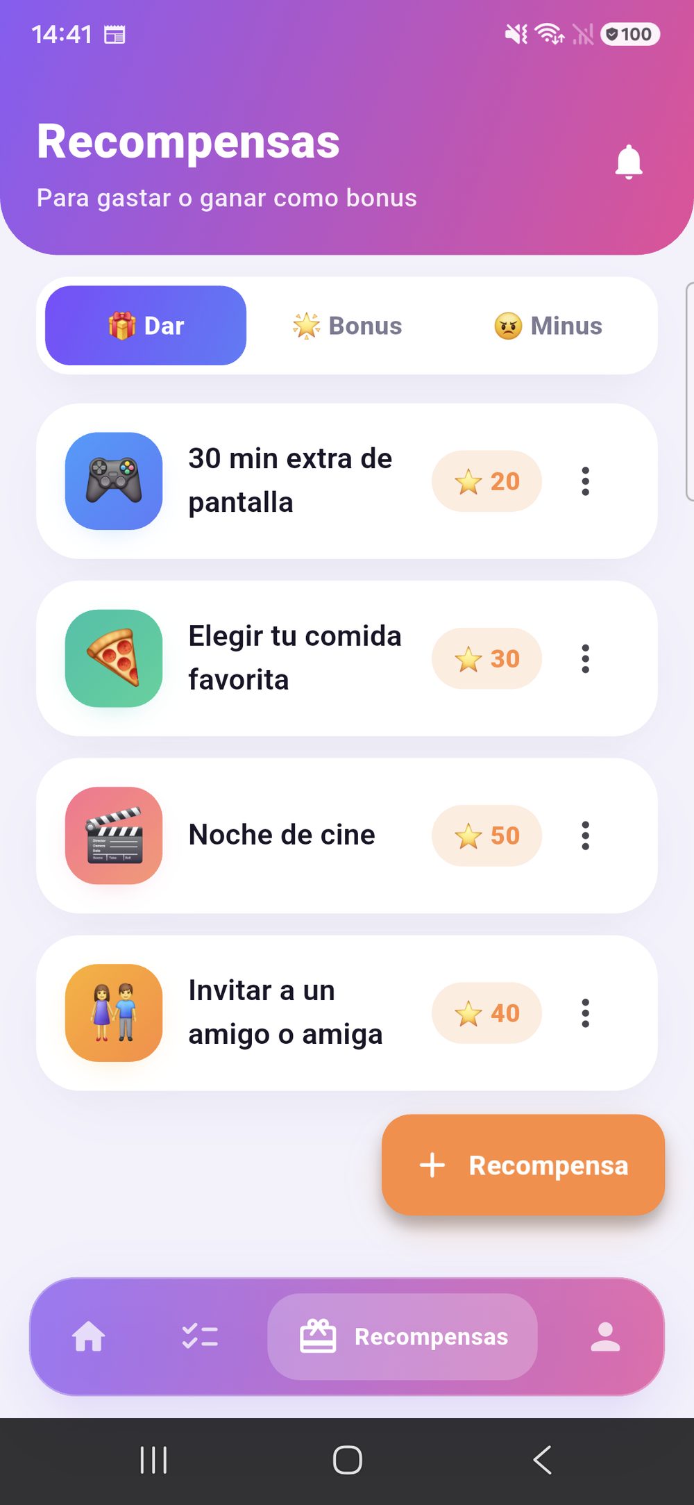 Zenz family: recompensas con su valor en puntos, alternando entre Dar, Extra y Penalización.