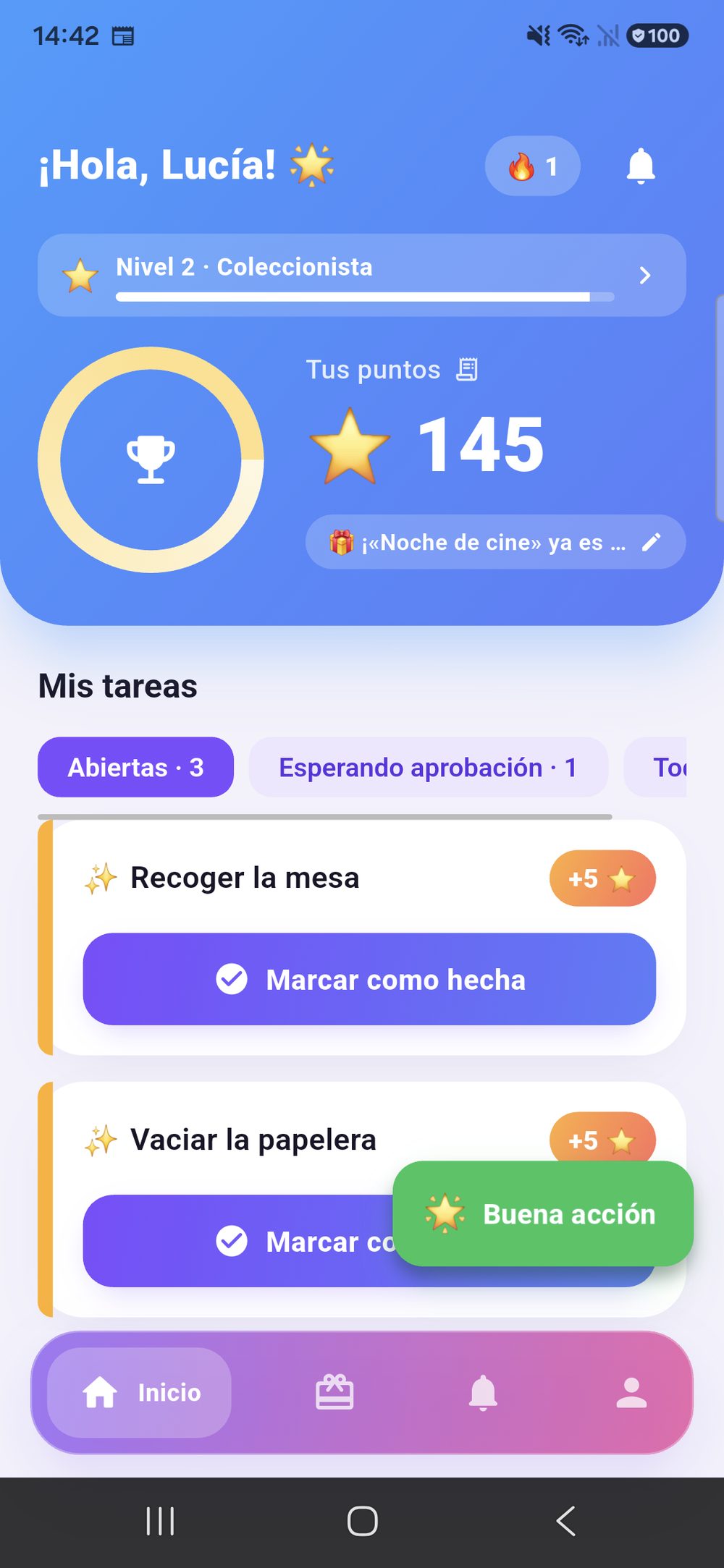 Zenz family desde el lado del menor: el saludo con el total de puntos, el nivel y el objetivo alcanzado, y debajo las tareas pendientes con el botón «Marcar como hecha».