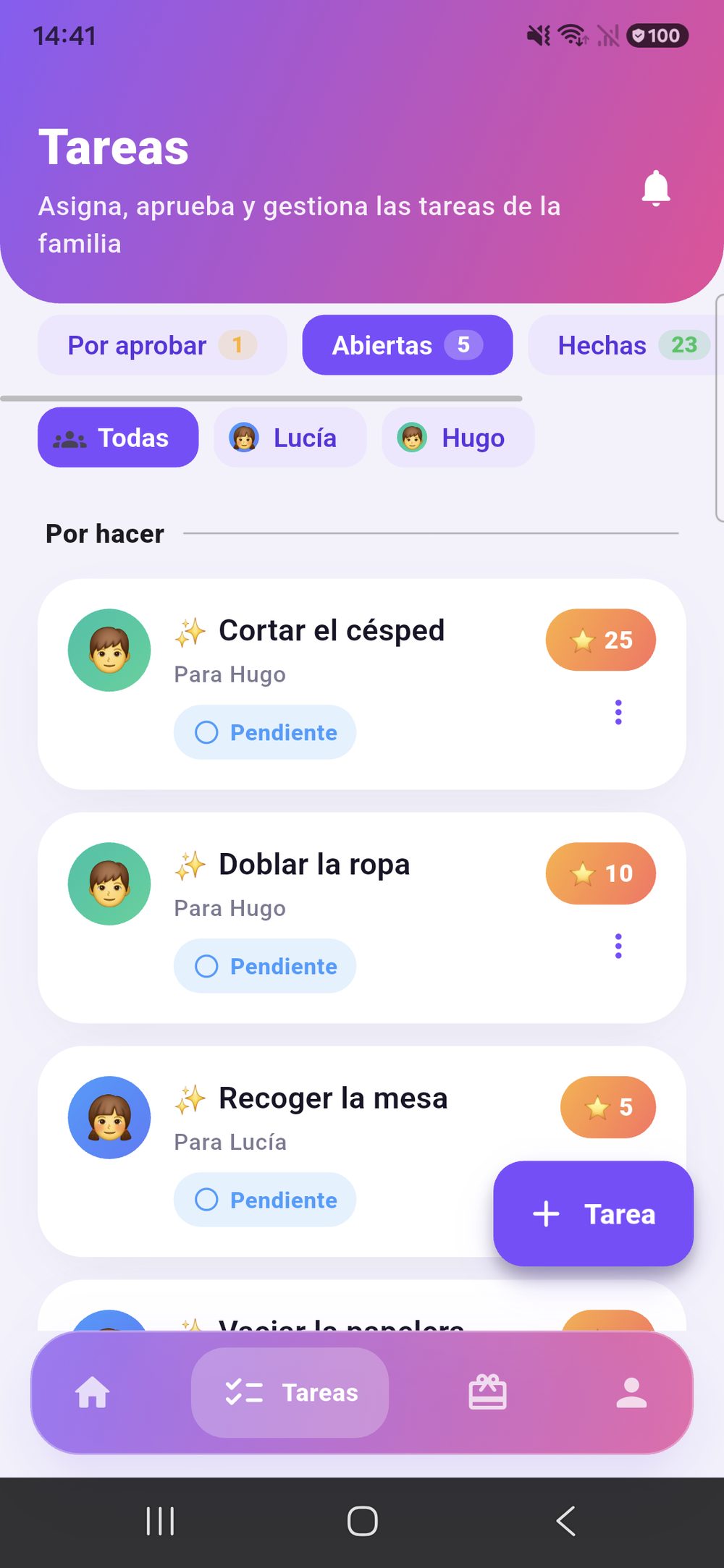 Zenz family: lista de tareas con las pestañas Por aprobar, Pendientes y Hechas, además de filtros por hijo.