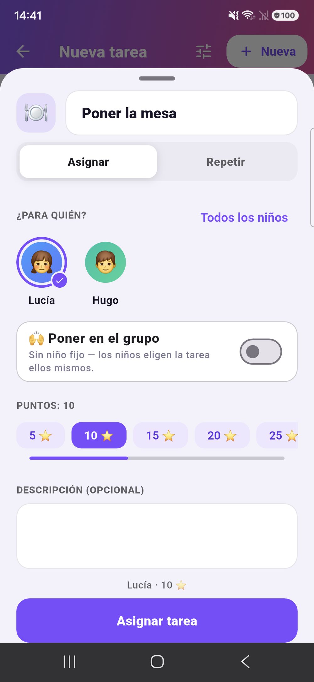 Zenz family: crear una tarea nueva — categoría, elección de los menores, puntos con un deslizador, repetición y una fecha límite opcional.