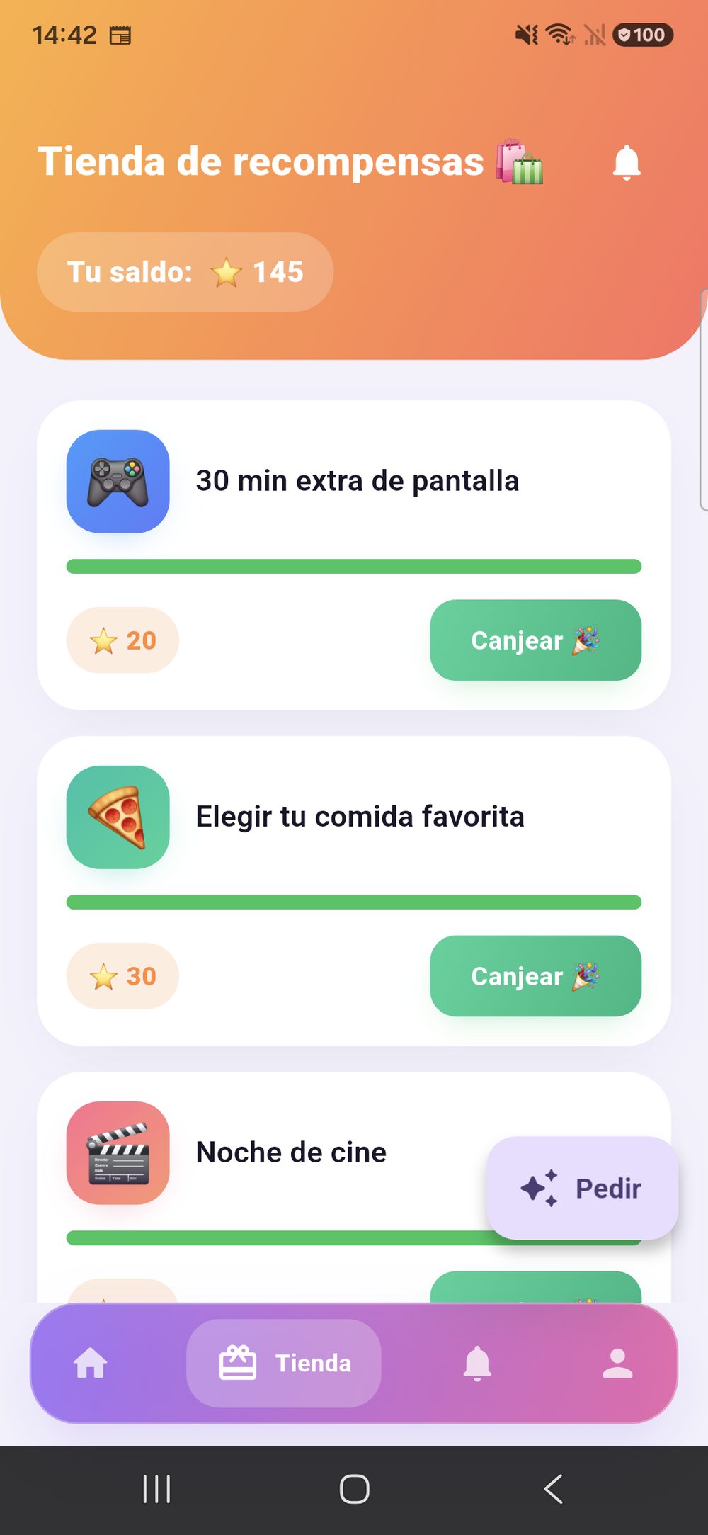 Zenz family: la tienda de recompensas desde el lado del menor — su saldo arriba y debajo cada recompensa con su precio en puntos y el botón «Canjear».
