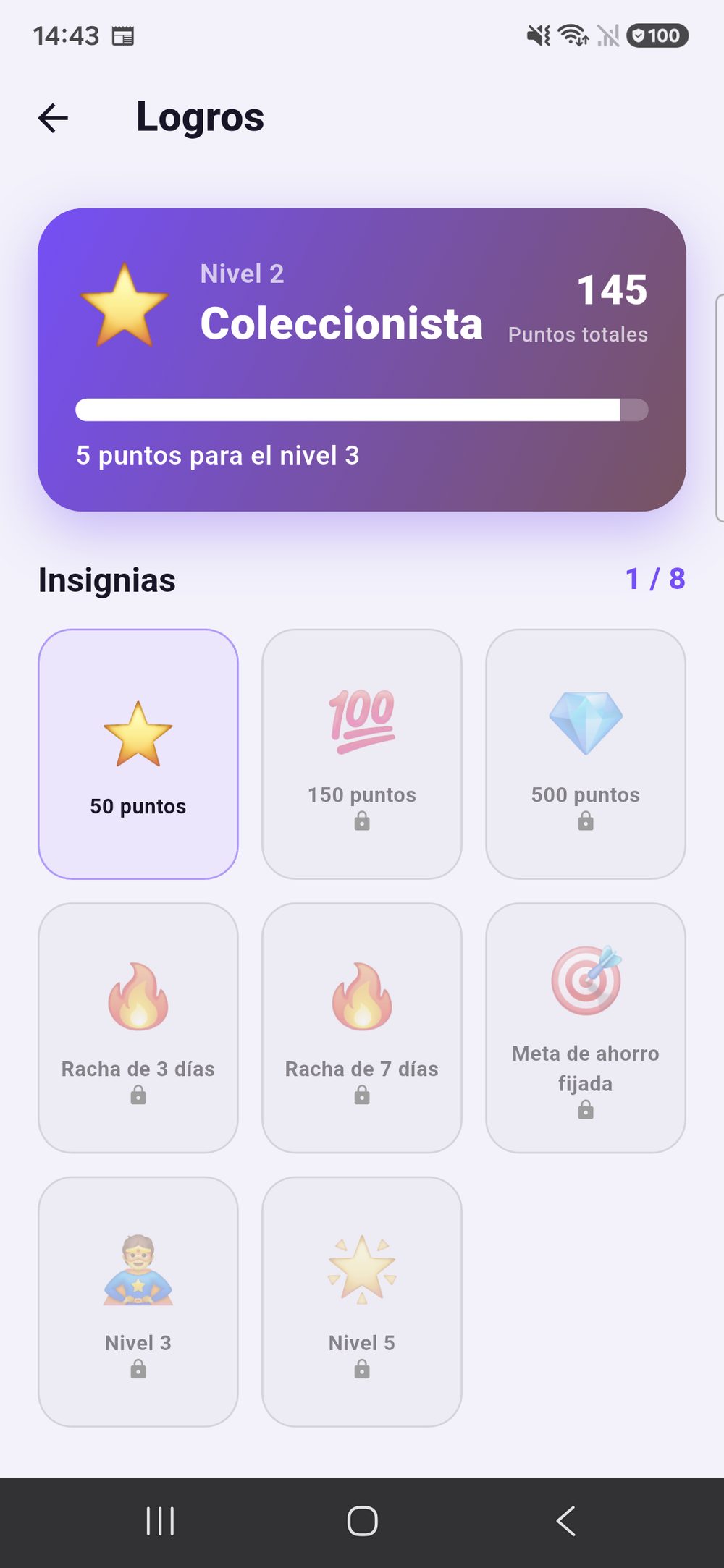 Zenz family: los logros del menor — el nivel con el camino hacia el siguiente y una cuadrícula de ocho insignias, una de ellas desbloqueada.