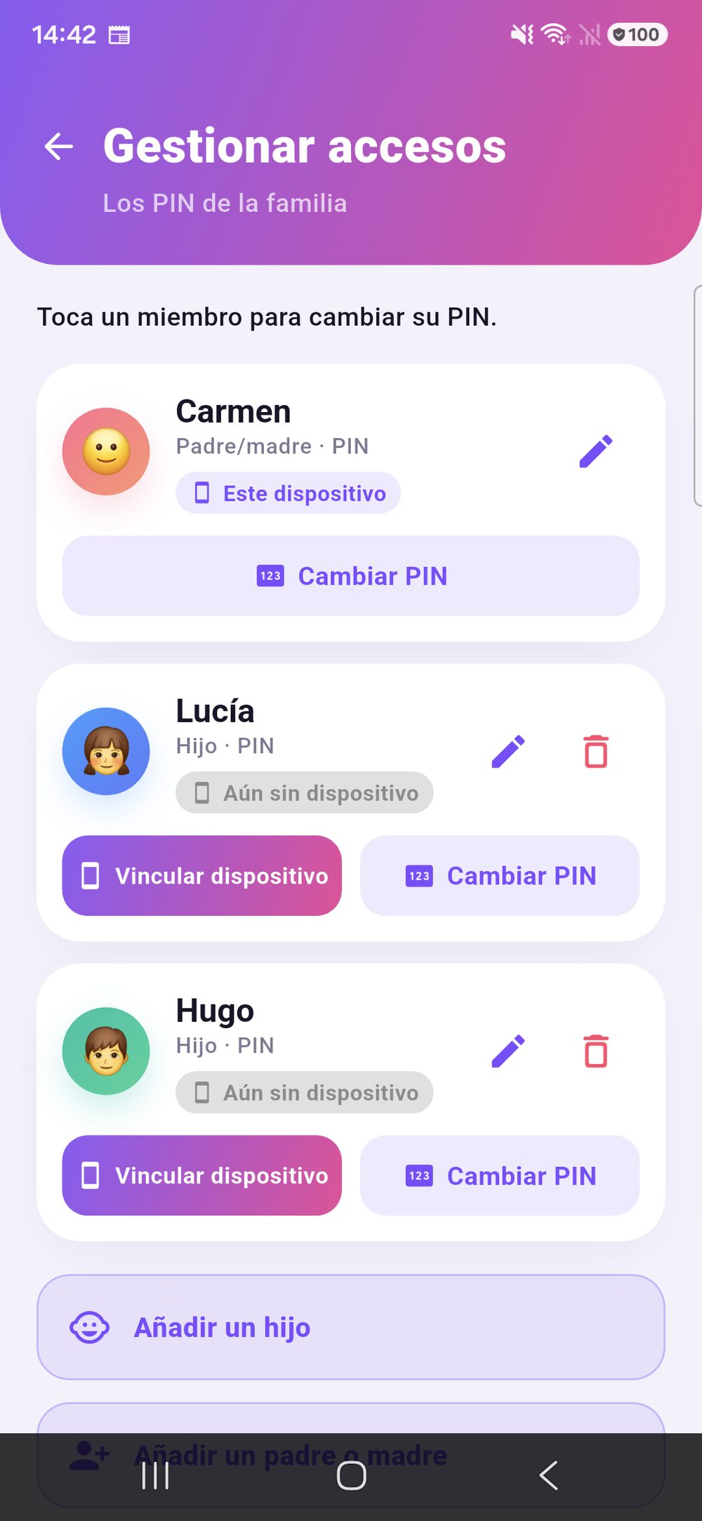 Zenz family: gestionar los accesos — cada miembro de la familia con su propio PIN, además de vincular un dispositivo y añadir más menores o adultos.