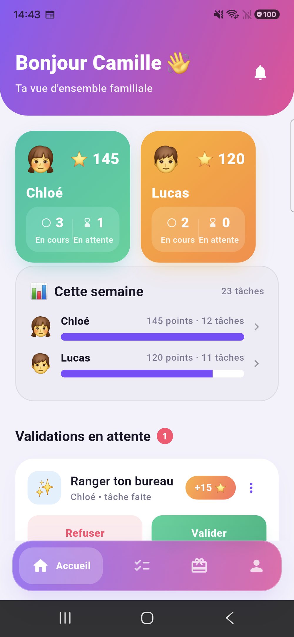 Zenz family : vue d’ensemble avec une carte par enfant, le bilan de la semaine et une tâche en attente de validation.