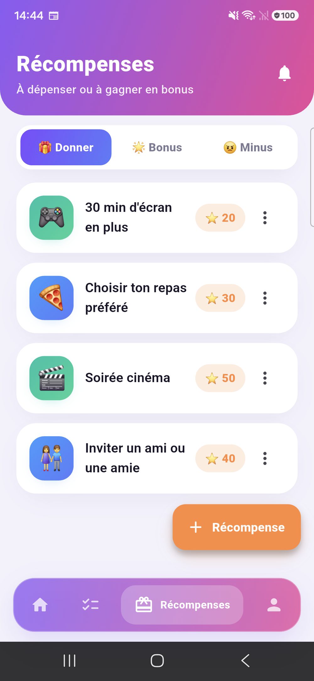 Zenz family : récompenses avec leur valeur en points, alternant entre Donner, Bonus et Malus.
