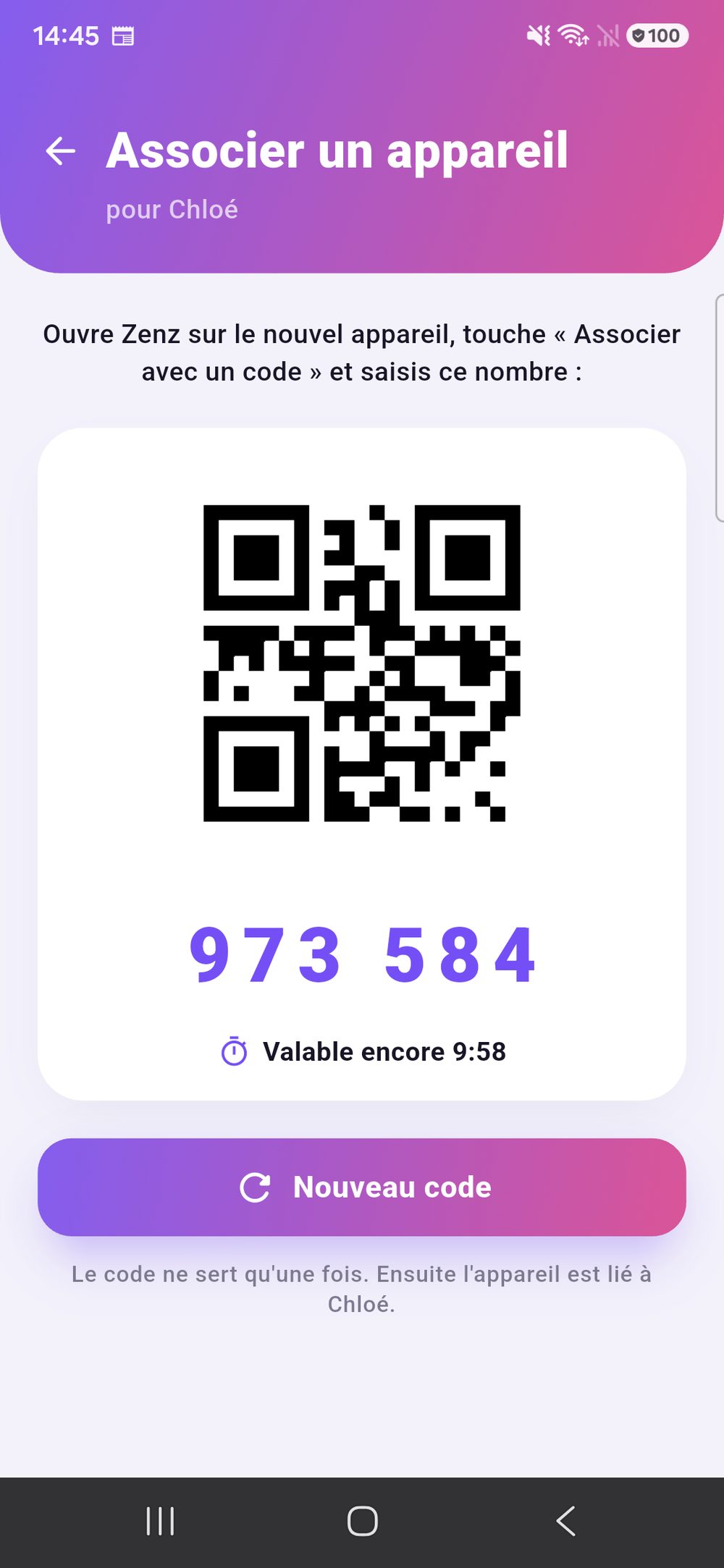 Zenz family : appairer un appareil — QR code et code à six chiffres avec compte à rebours, utilisé une seule fois pour connecter l’appareil de l’enfant.