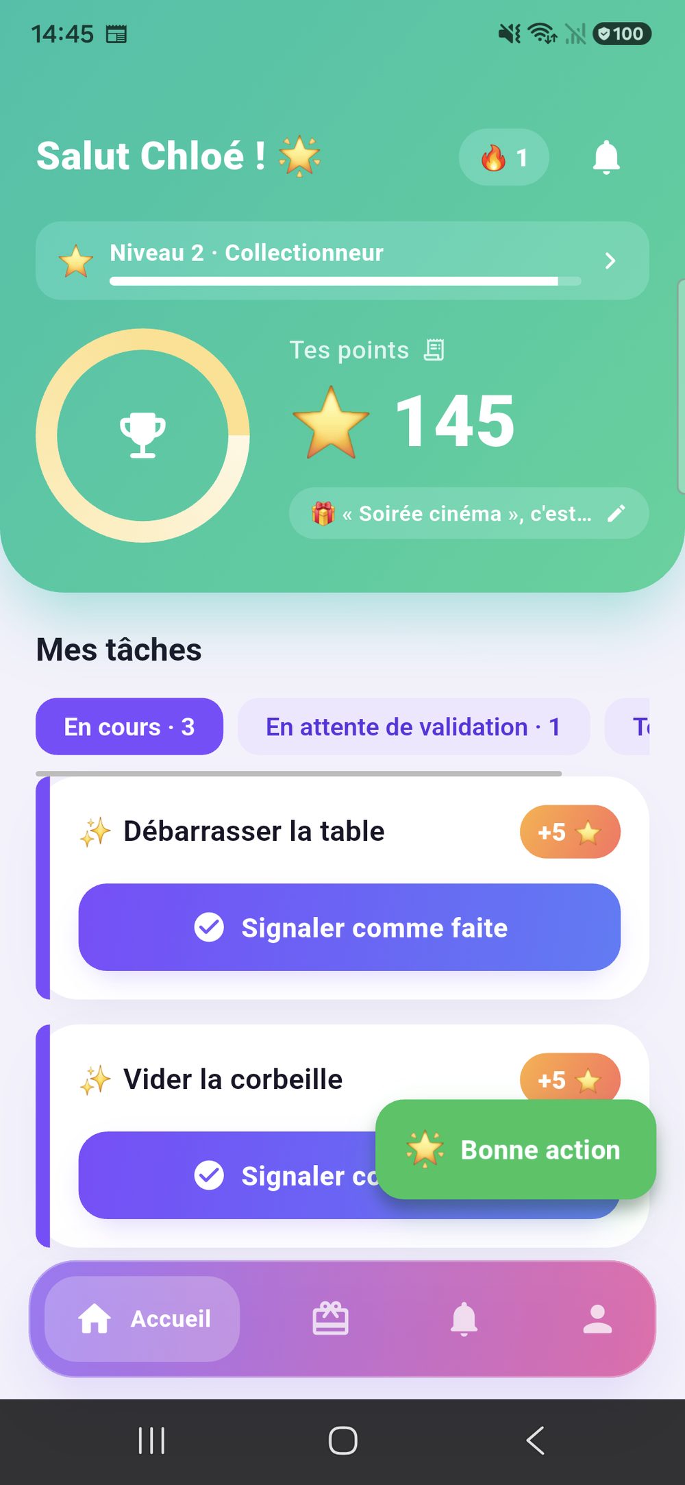 Zenz family côté enfant : un message d’accueil avec le total de points, le niveau et l’objectif atteint, puis les tâches en cours avec le bouton « Marquer comme faite ».