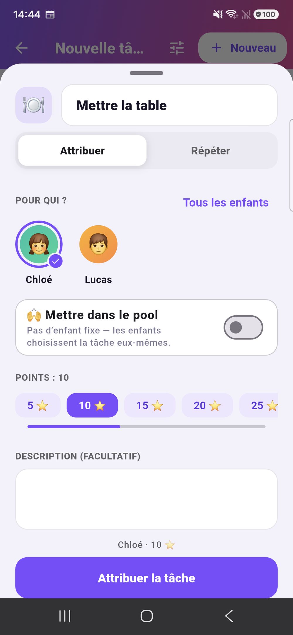 Zenz family : créer une tâche — catégorie, choix des enfants, points sur un curseur, répétition et une échéance facultative.