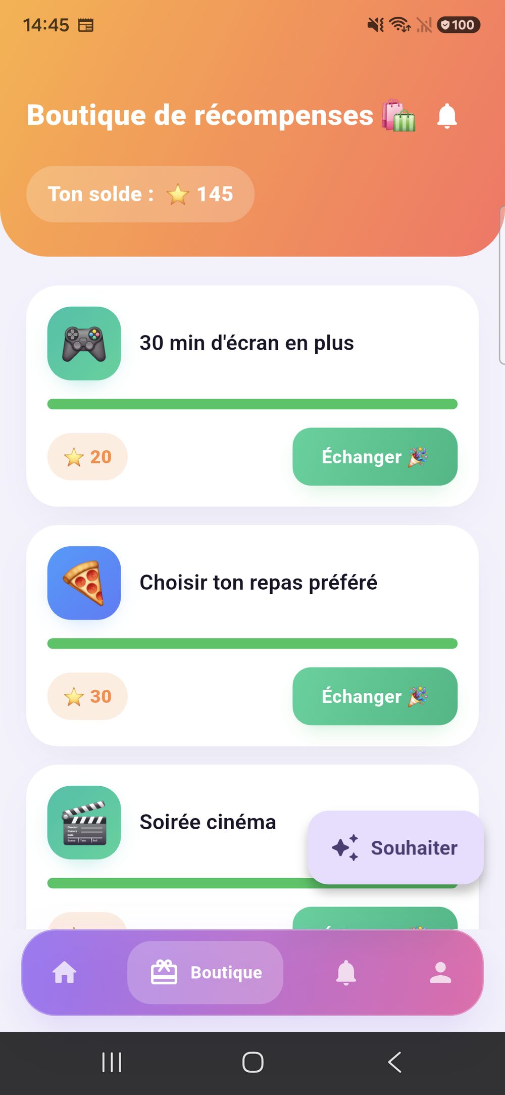 Zenz family : la boutique de récompenses côté enfant — son solde en haut, puis chaque récompense avec son prix en points et le bouton « Échanger ».