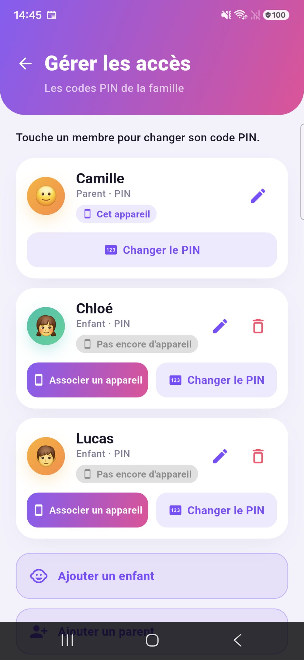 Zenz family : gérer les accès — chaque membre de la famille avec son propre code PIN, l’appairage d’un appareil et l’ajout d’enfants ou de parents.