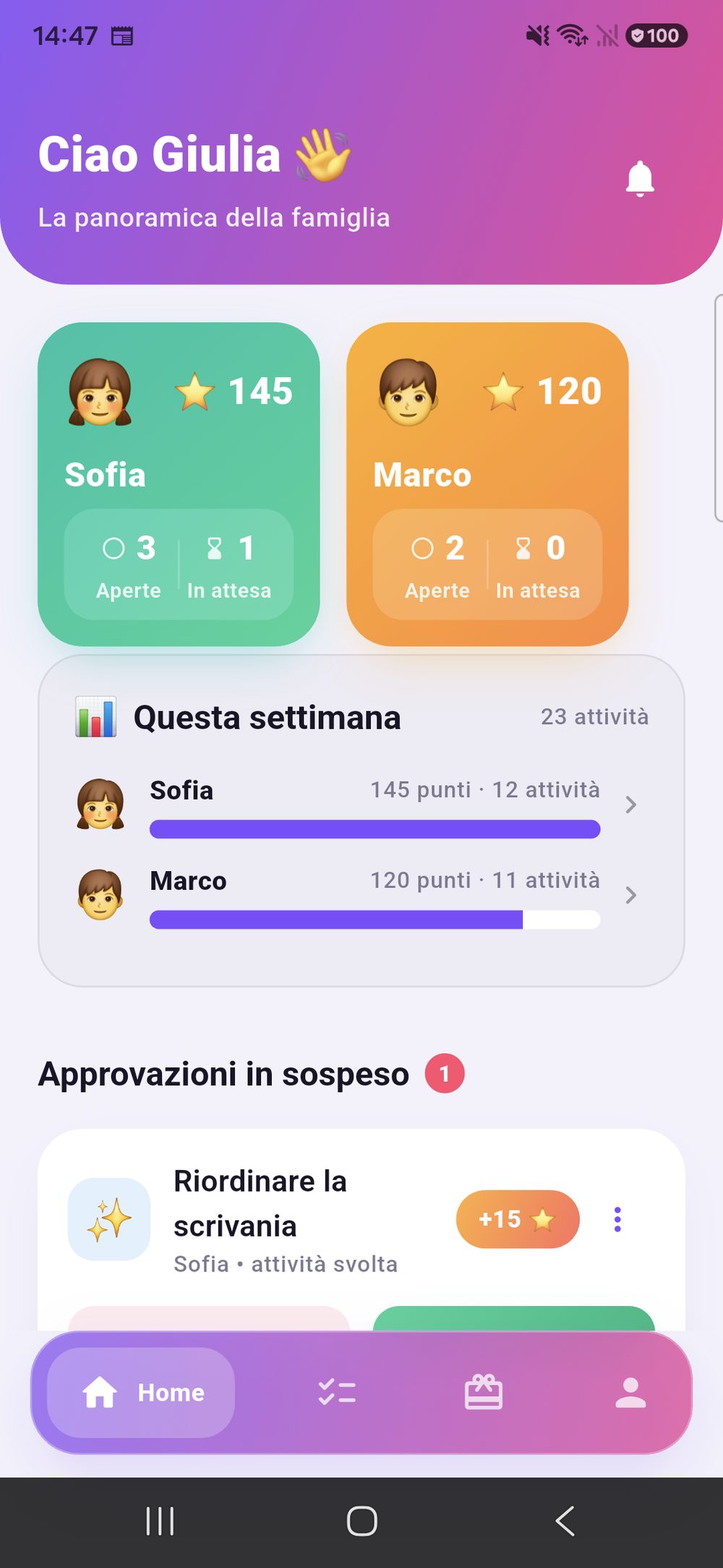 Zenz family: panoramica della famiglia con un riquadro per bambino, i dati della settimana e una faccenda in attesa di approvazione.