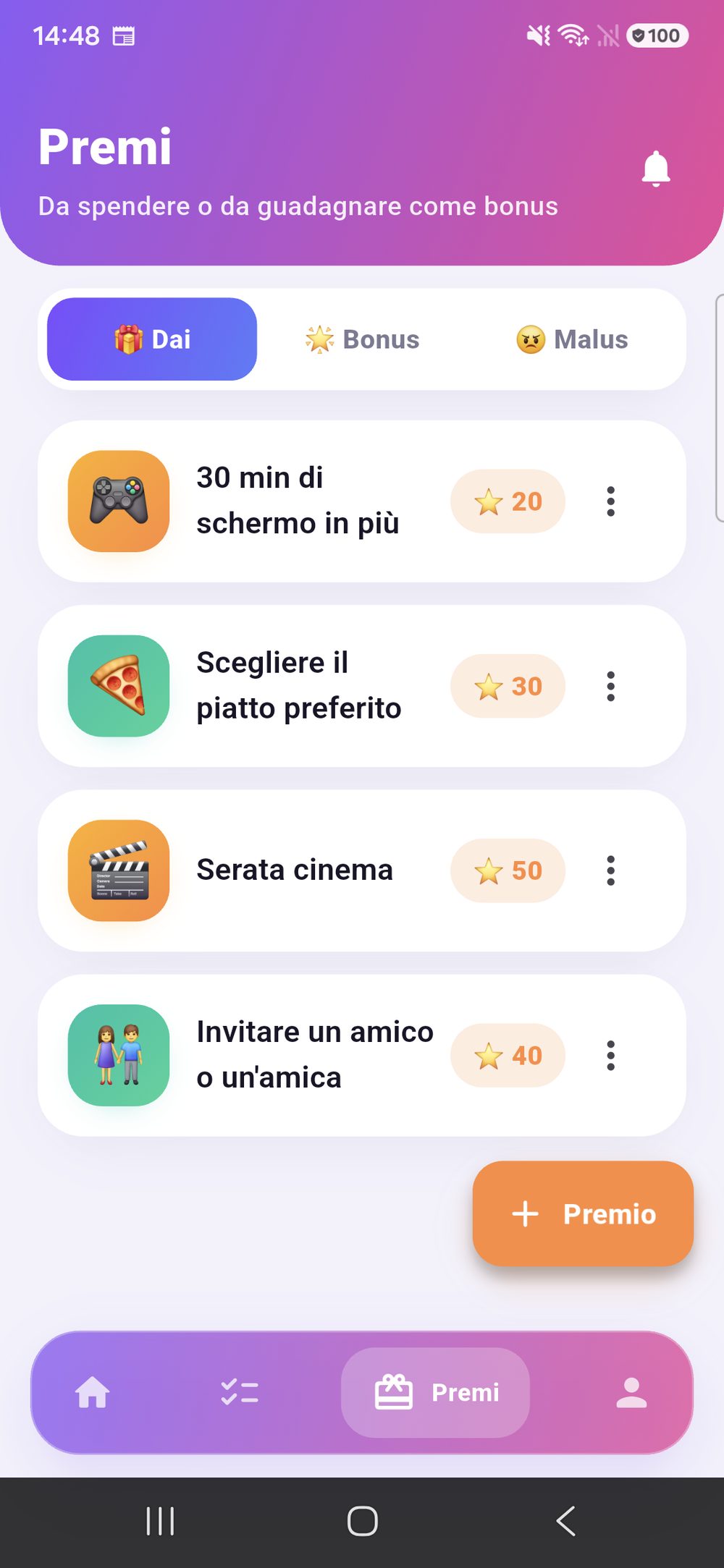 Zenz family: premi con il loro valore in punti, commutabili tra Dare, Bonus e Malus.