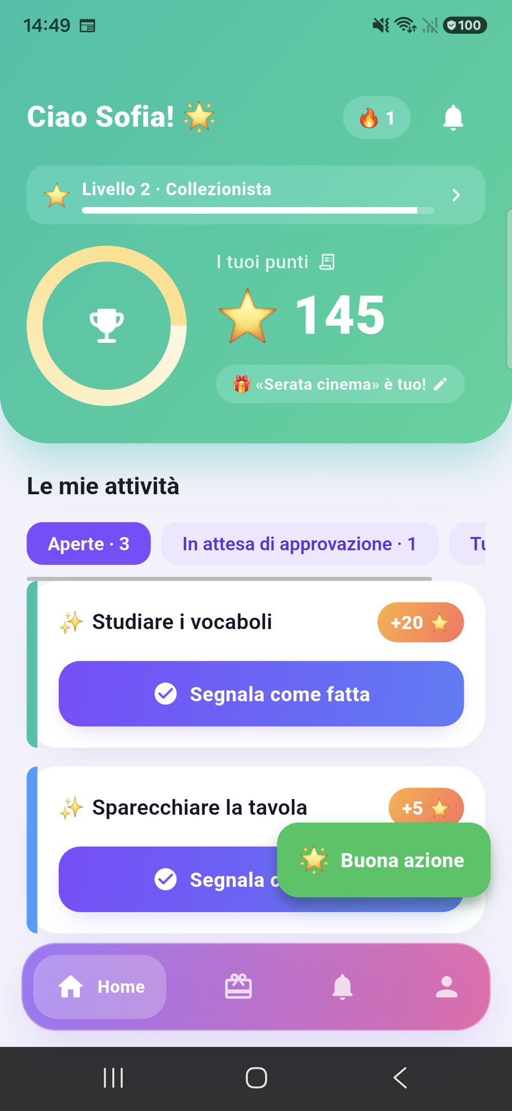 Zenz family dal lato del bambino: il saluto con il totale dei punti, il livello e l’obiettivo raggiunto, sotto le attività aperte con il pulsante «Segna come fatta».