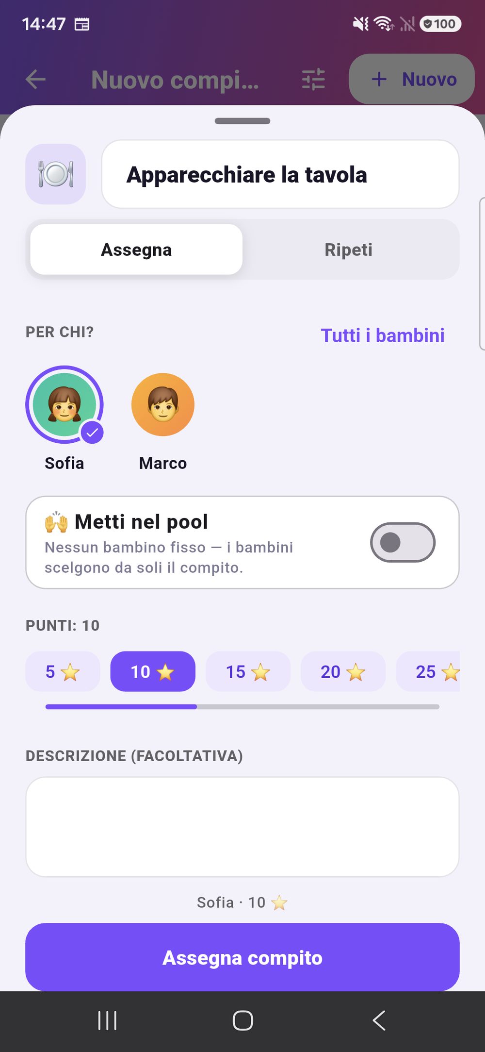 Zenz family: creare una nuova attività — categoria, scelta dei bambini, punti con un cursore, ripetizione e una scadenza facoltativa.