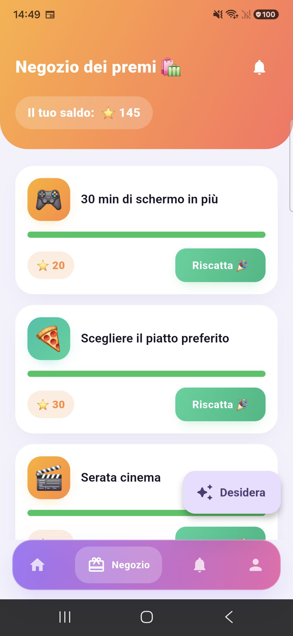 Zenz family: il negozio dei premi dal lato del bambino — il proprio saldo in alto e sotto ogni premio con il suo prezzo in punti e il pulsante «Riscatta».
