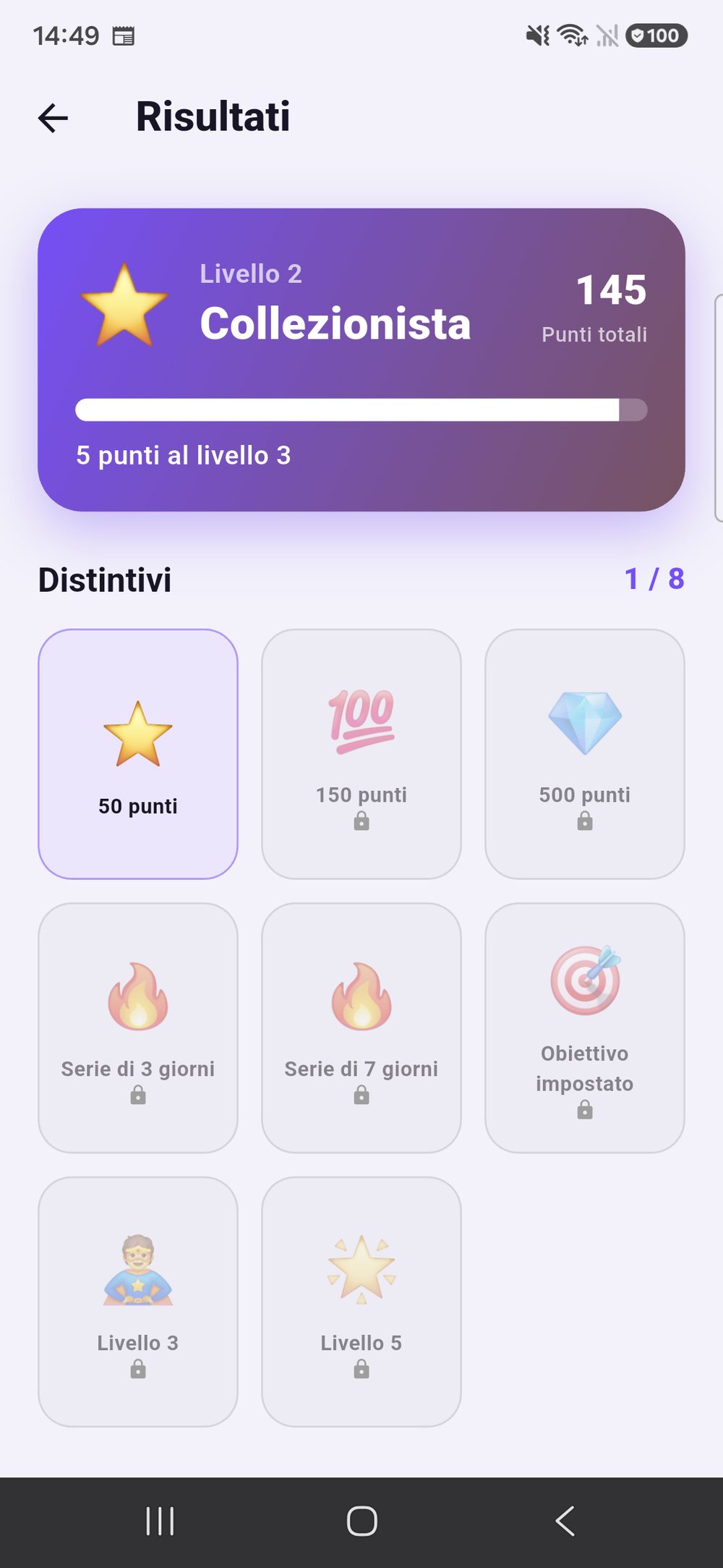 Zenz family: i traguardi del bambino — il livello con la strada verso il successivo e una griglia di otto distintivi, di cui uno sbloccato.