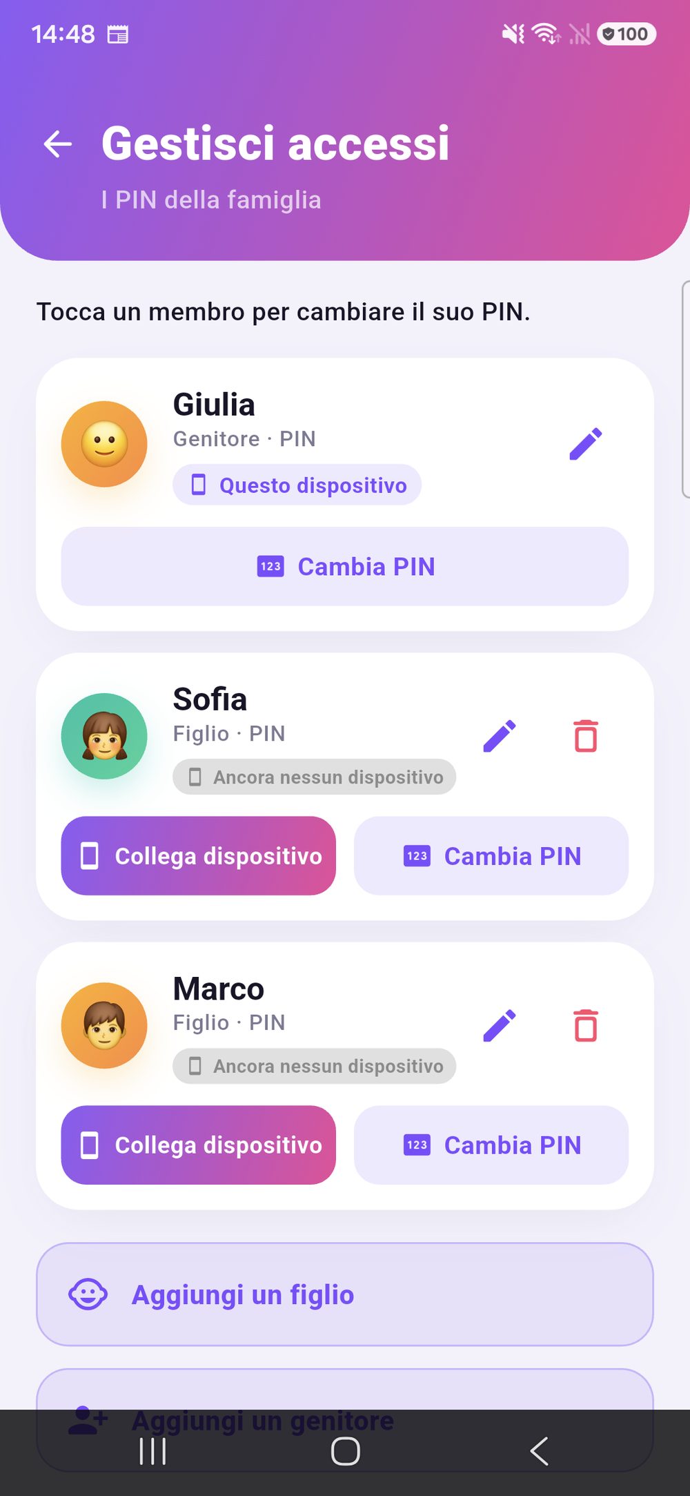 Zenz family: gestire gli accessi — ogni membro della famiglia con il proprio PIN, l’associazione di un dispositivo e l’aggiunta di altri bambini o genitori.