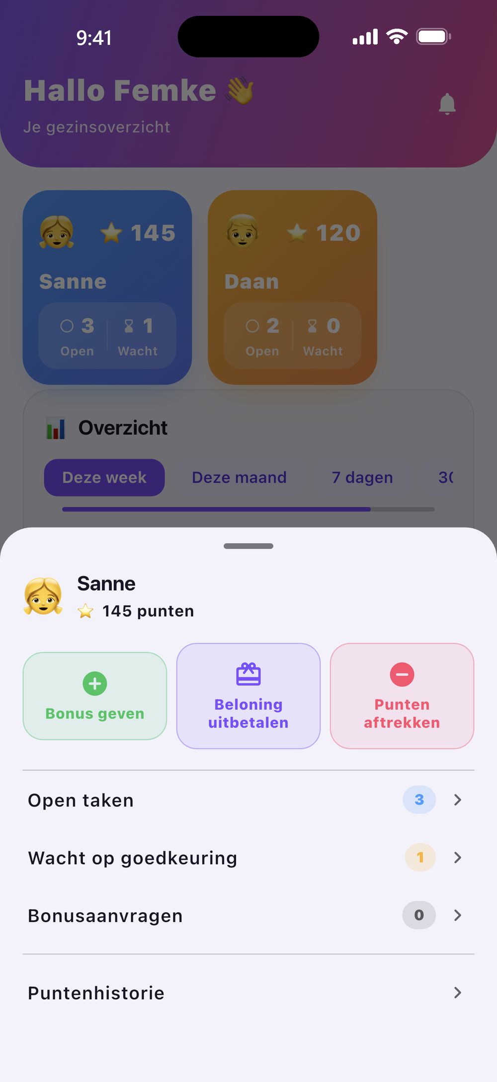 Zenz family: op het gezinsoverzicht is een kindtegel aangetikt — een blad toont punten, open en wachtende taken plus de knoppen “Bonus geven” en “Punten aftrekken”.