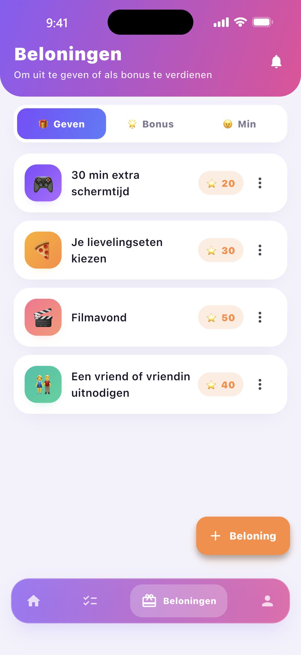 Zenz family: beloningen met puntenwaarden, om te schakelen tussen Geven, Bonus en Min.