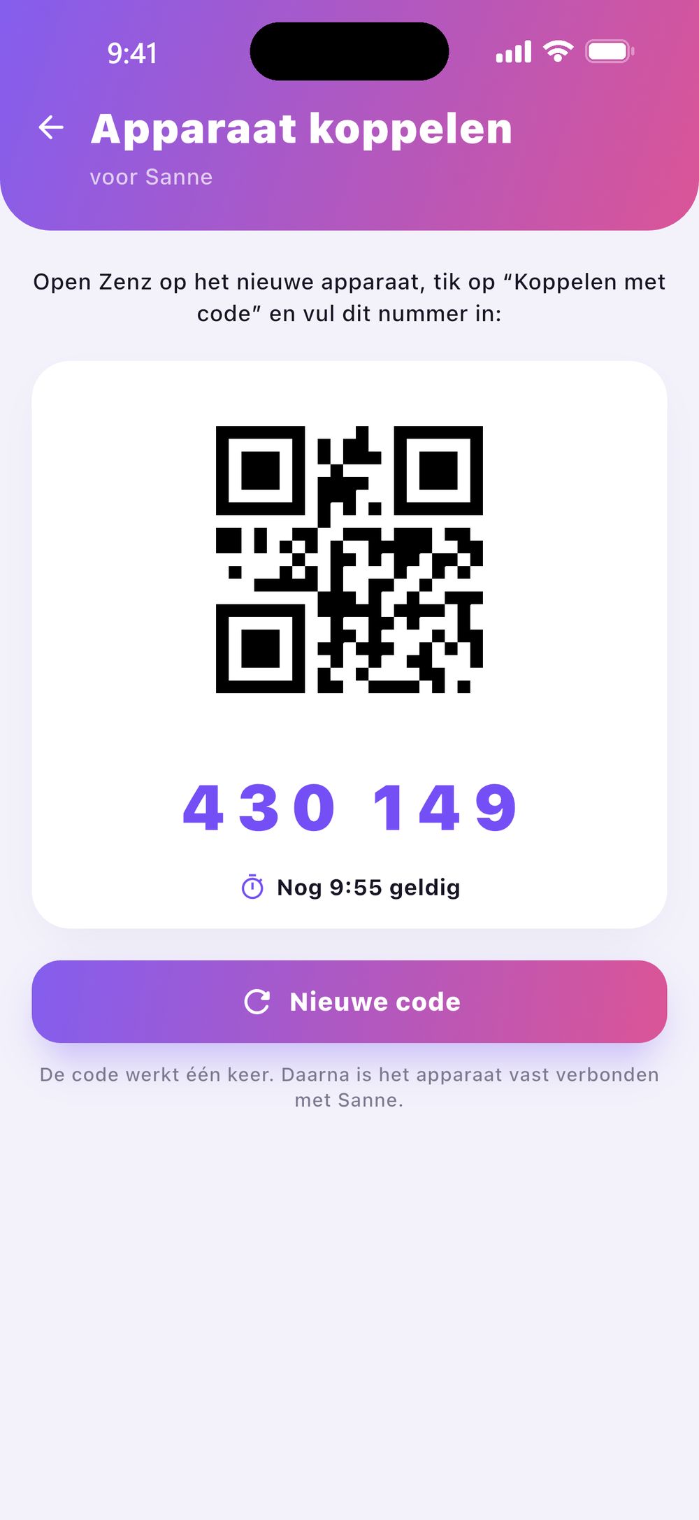 Zenz family: apparaat koppelen — QR-code en een cijfercode van zes tekens met een geldigheidsduur, waarmee een apparaat van een kind eenmalig wordt verbonden.