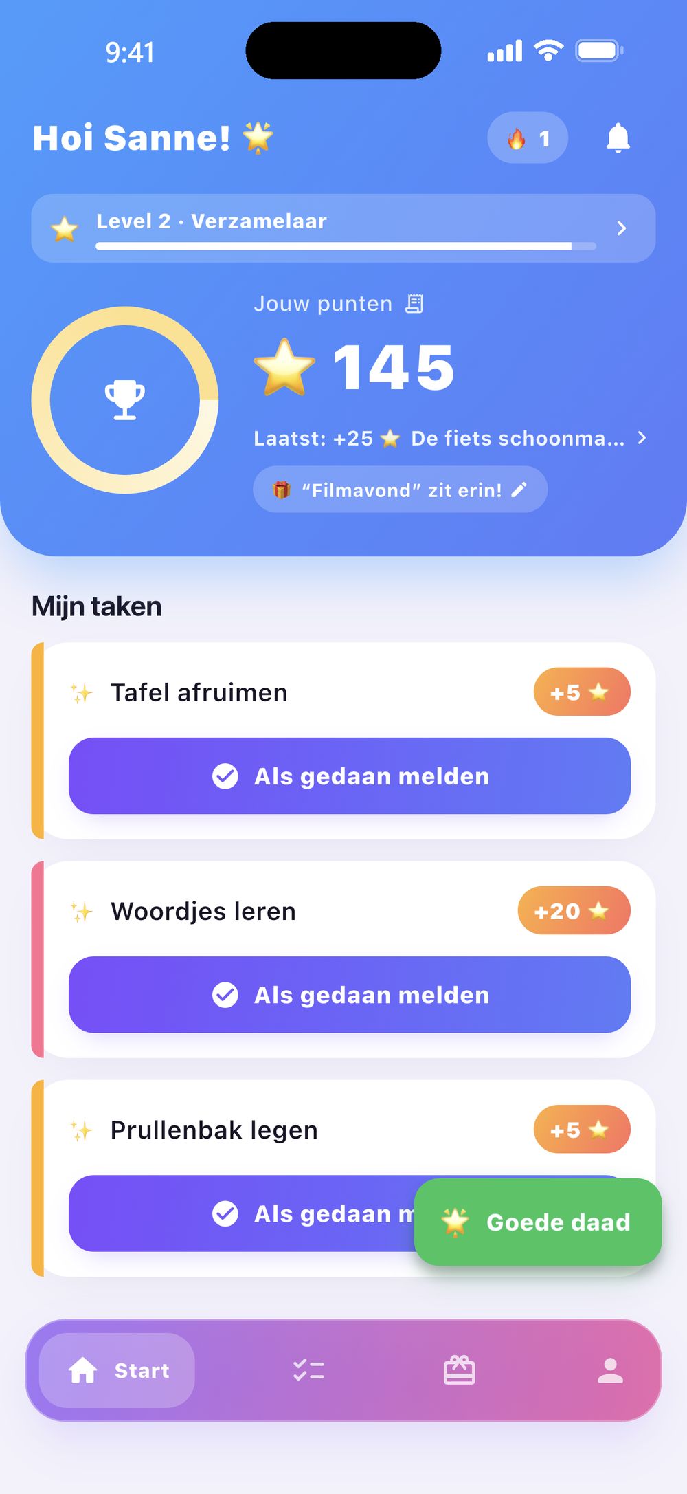 Zenz family vanuit het kind: begroeting met puntenstand, level en bereikt spaardoel, daaronder de open taken met de knop “Als gedaan melden”.