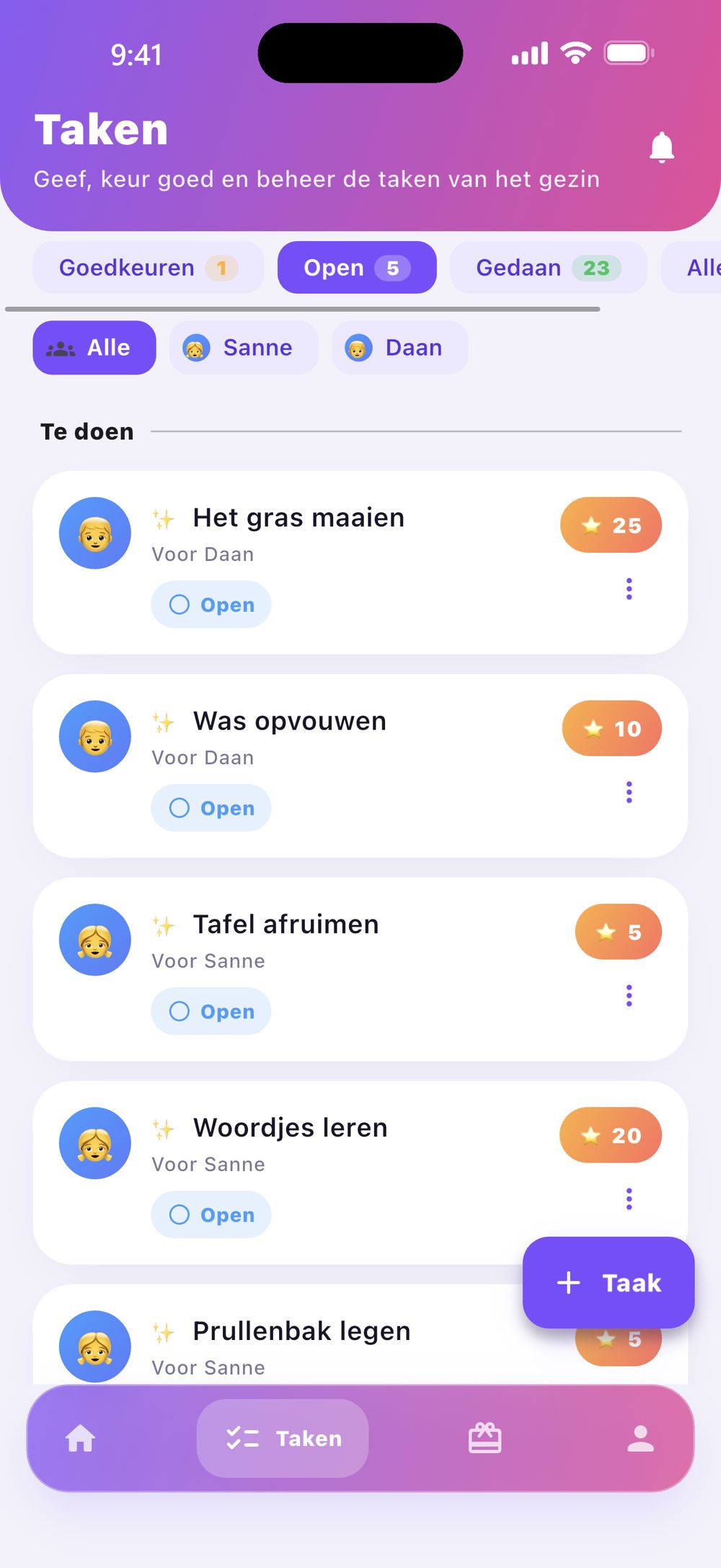 Zenz family: takenlijst met de tabbladen Goedkeuren, Open en Gedaan plus filters per kind.