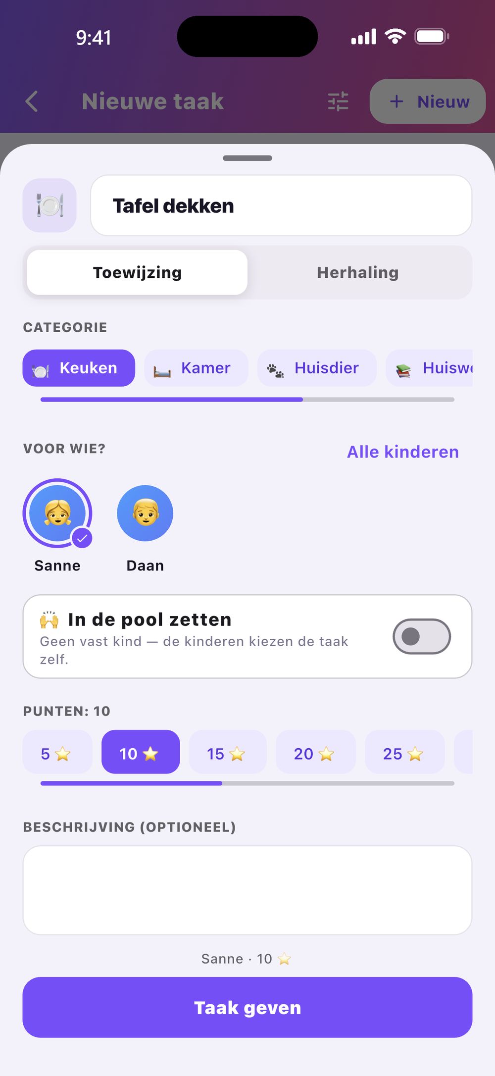 Zenz family: nieuwe taak aanmaken — categorie, keuze van de kinderen, punten via een schuifregelaar, herhaling en een optionele deadline.