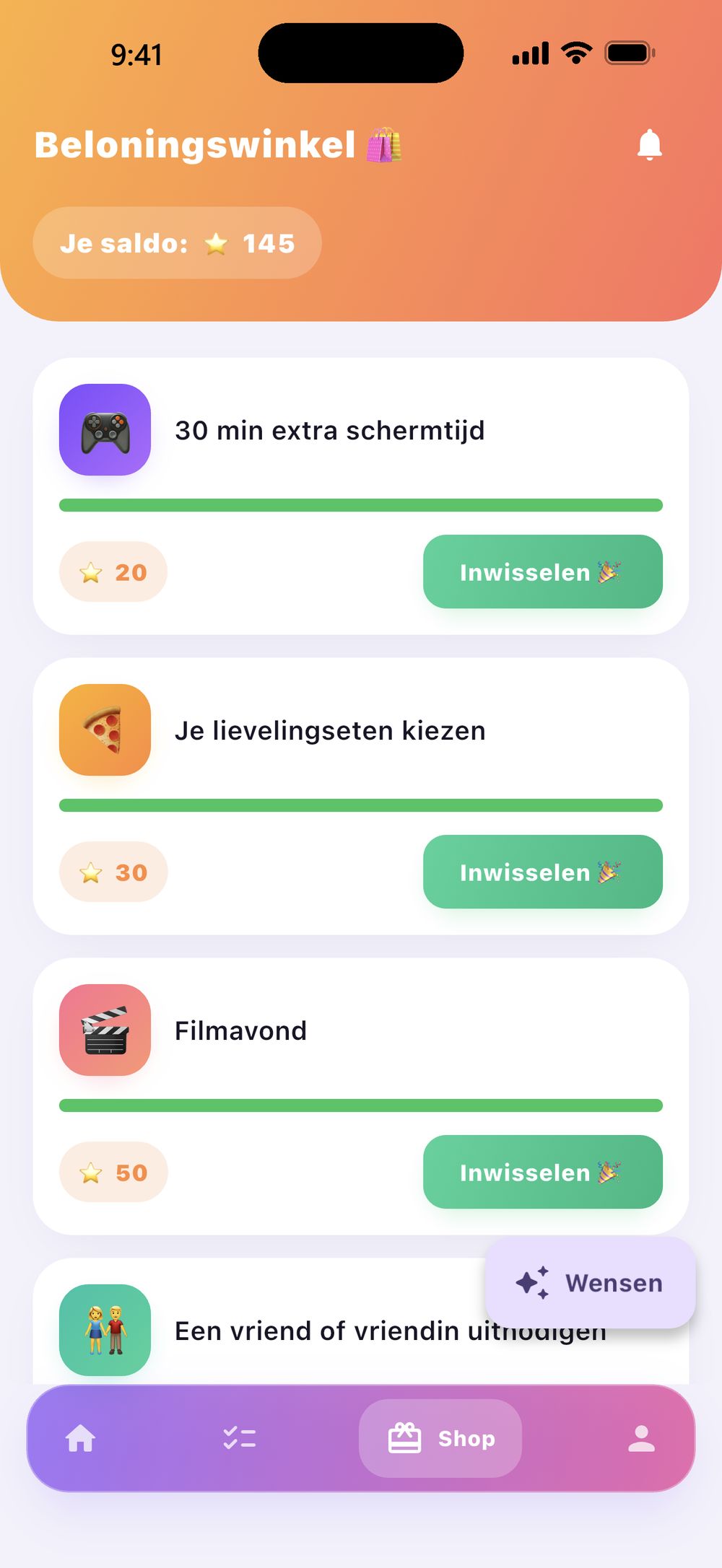 Zenz family: de beloningswinkel vanuit het kind — het eigen saldo bovenaan, daaronder elke beloning met haar puntenprijs en de knop “Inwisselen”.