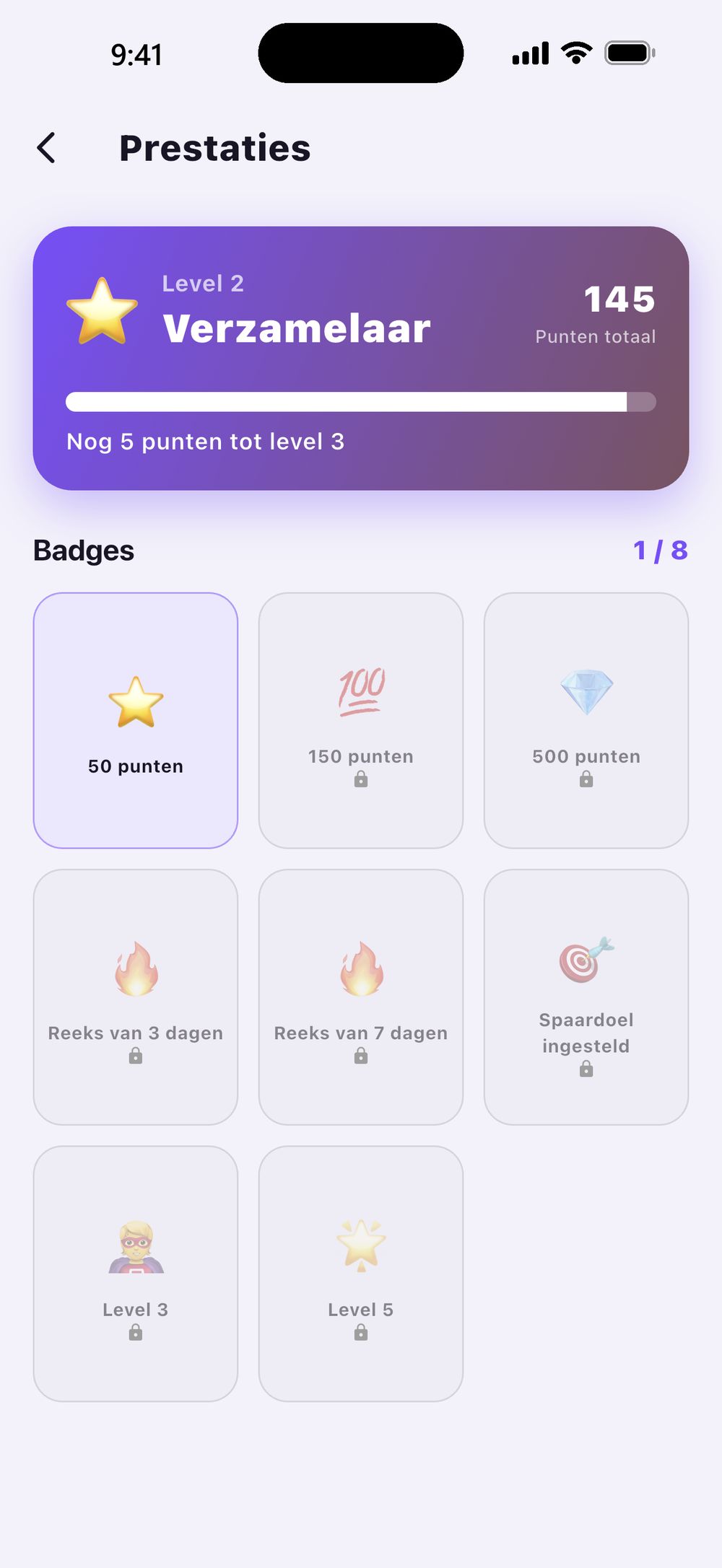 Zenz family: prestaties van het kind — het level met de weg naar het volgende en een raster van acht badges, waarvan er één is vrijgespeeld.