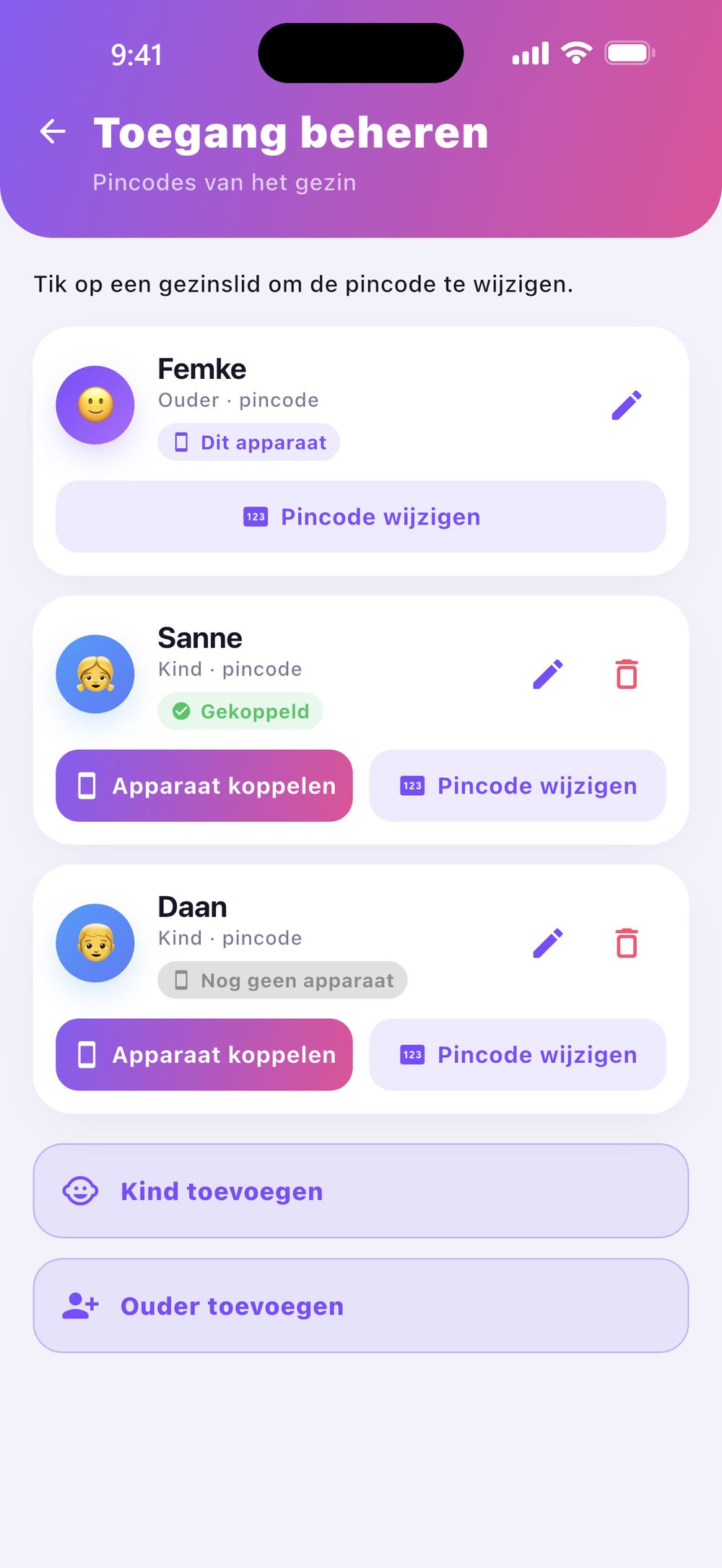Zenz family: toegang beheren — elk gezinslid met een eigen pincode, plus een apparaat koppelen en meer kinderen of ouders toevoegen.