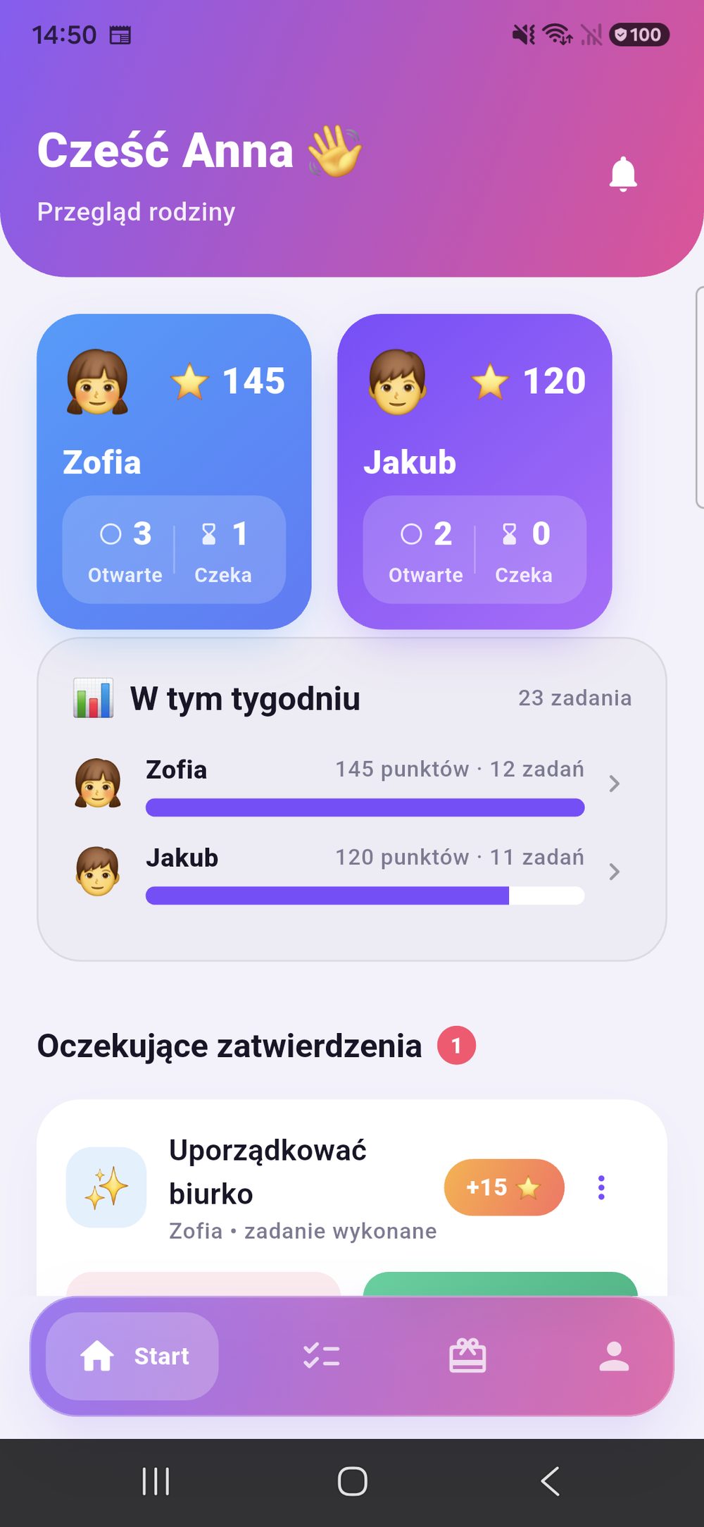 Zenz family: przegląd rodziny z kafelkiem na każde dziecko, podsumowaniem tygodnia i obowiązkiem czekającym na zatwierdzenie.