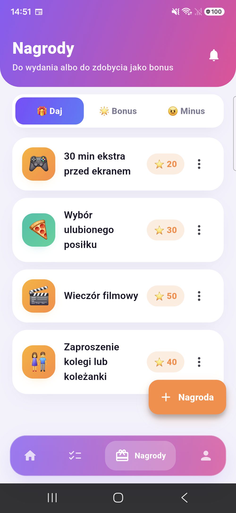 Zenz family: nagrody z wartością w punktach, przełączane między Dawaj, Bonus i Minus.