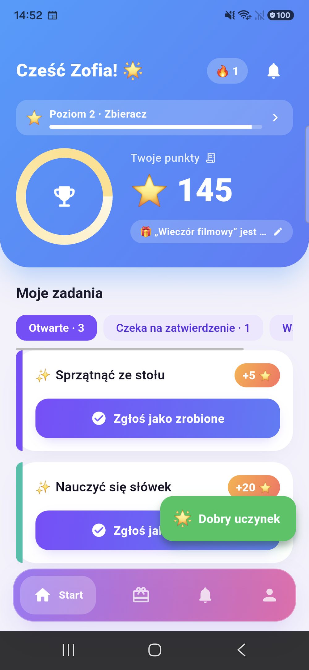 Zenz family od strony dziecka: powitanie z sumą punktów, poziomem i osiągniętym celem, a poniżej otwarte zadania z przyciskiem „Zgłoś wykonanie”.