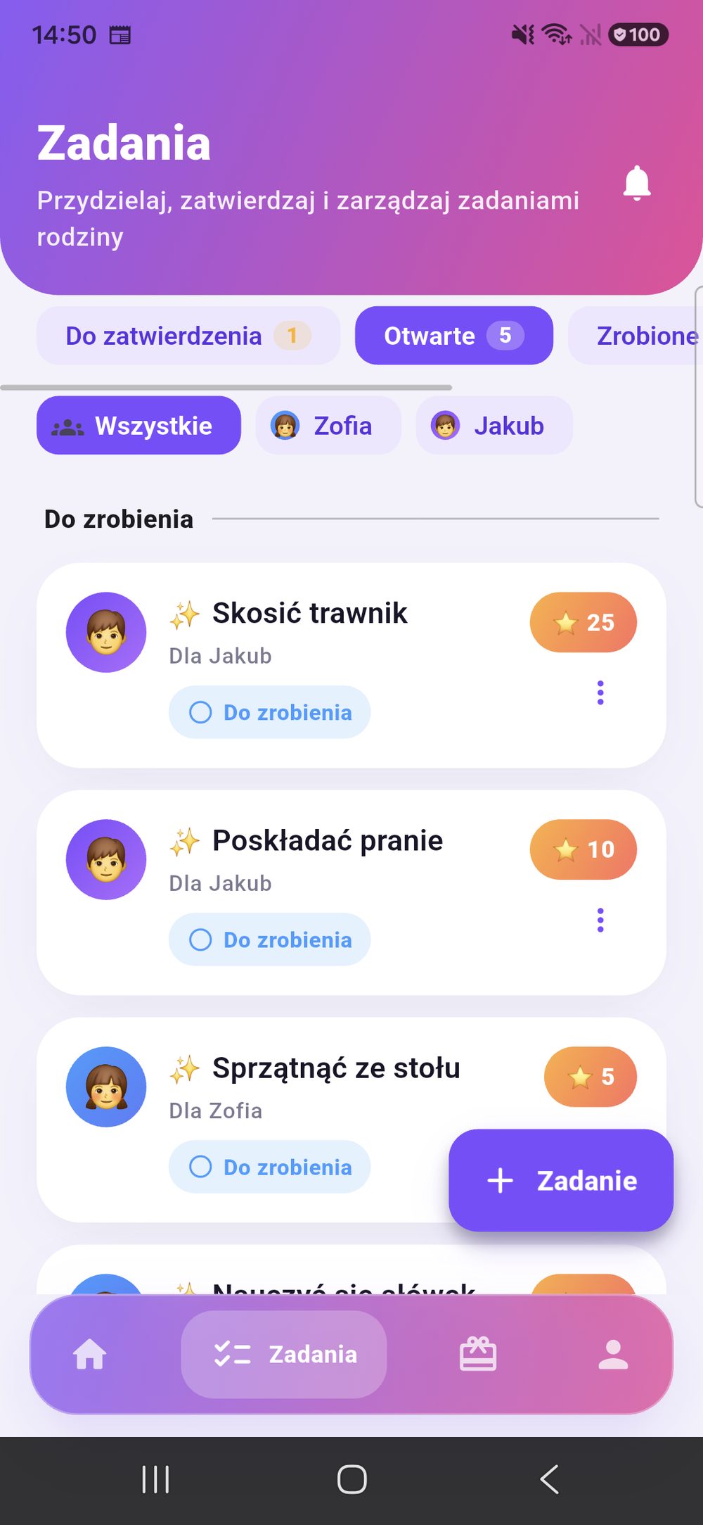 Zenz family: lista obowiązków z zakładkami Do zatwierdzenia, Otwarte i Zrobione oraz filtrami według dziecka.